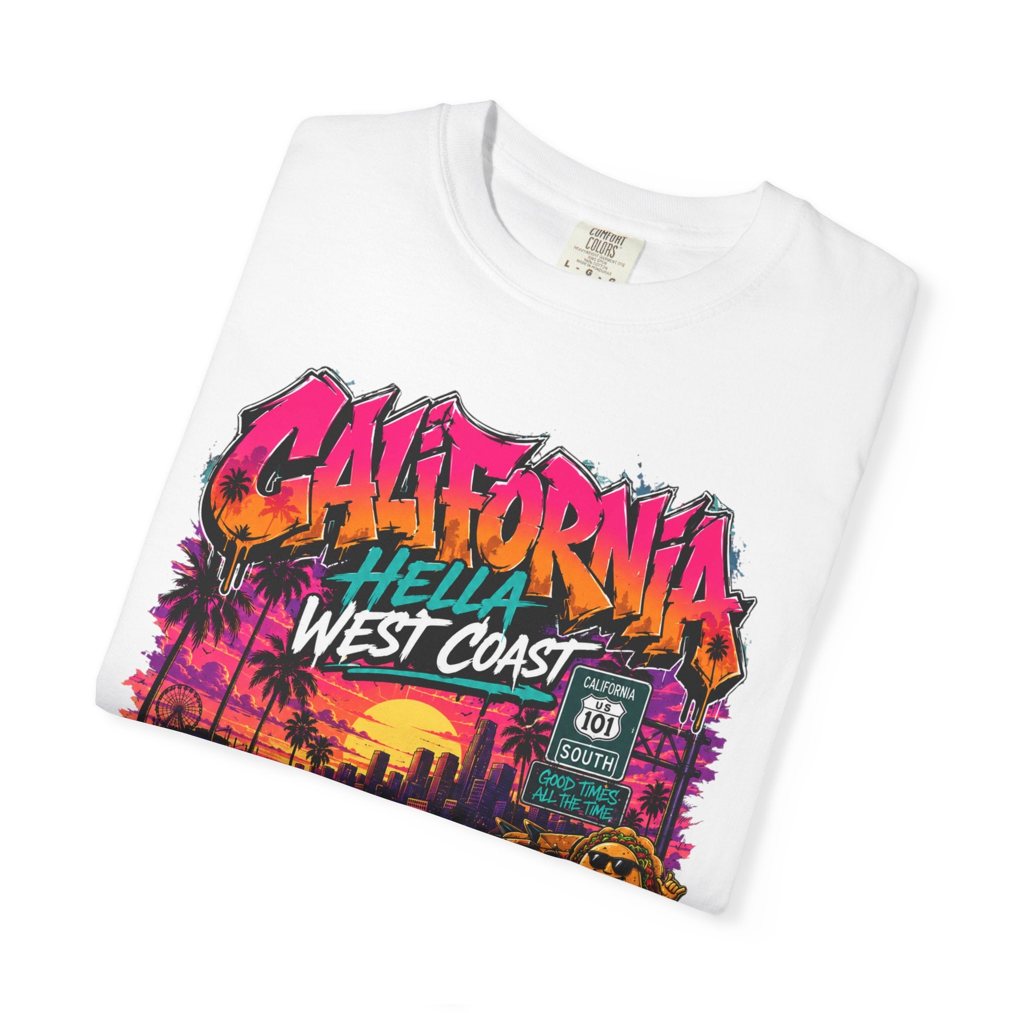 California West Coast Graphic T-Shirt — "California Hella" Vintage Sunset Car Design