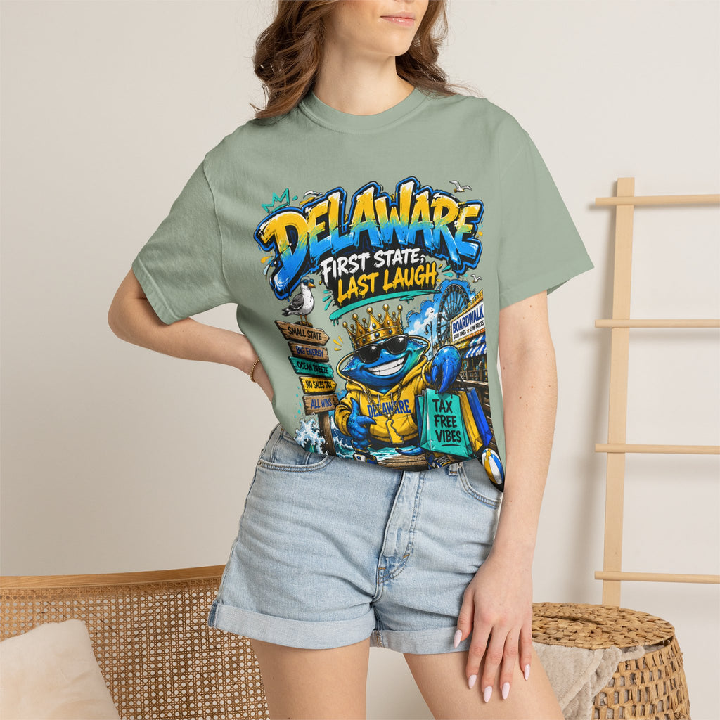 Delaware Frog Graphic T-Shirt — 'First State, Last Laugh' Coastal Souvenir Tee