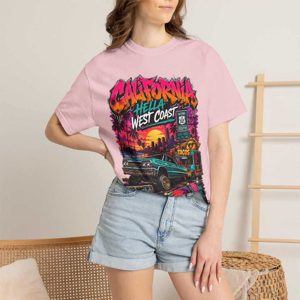 California West Coast Graphic T-Shirt — "California Hella" Vintage Sunset Car Design