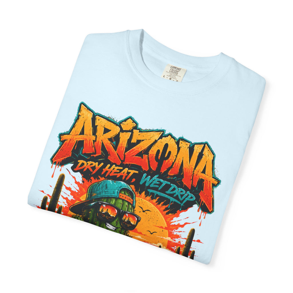 Arizona Desert Graphic T-Shirt — 'Arizona Dry Heat Wet Drop' Retro Cactus Sunset Tee