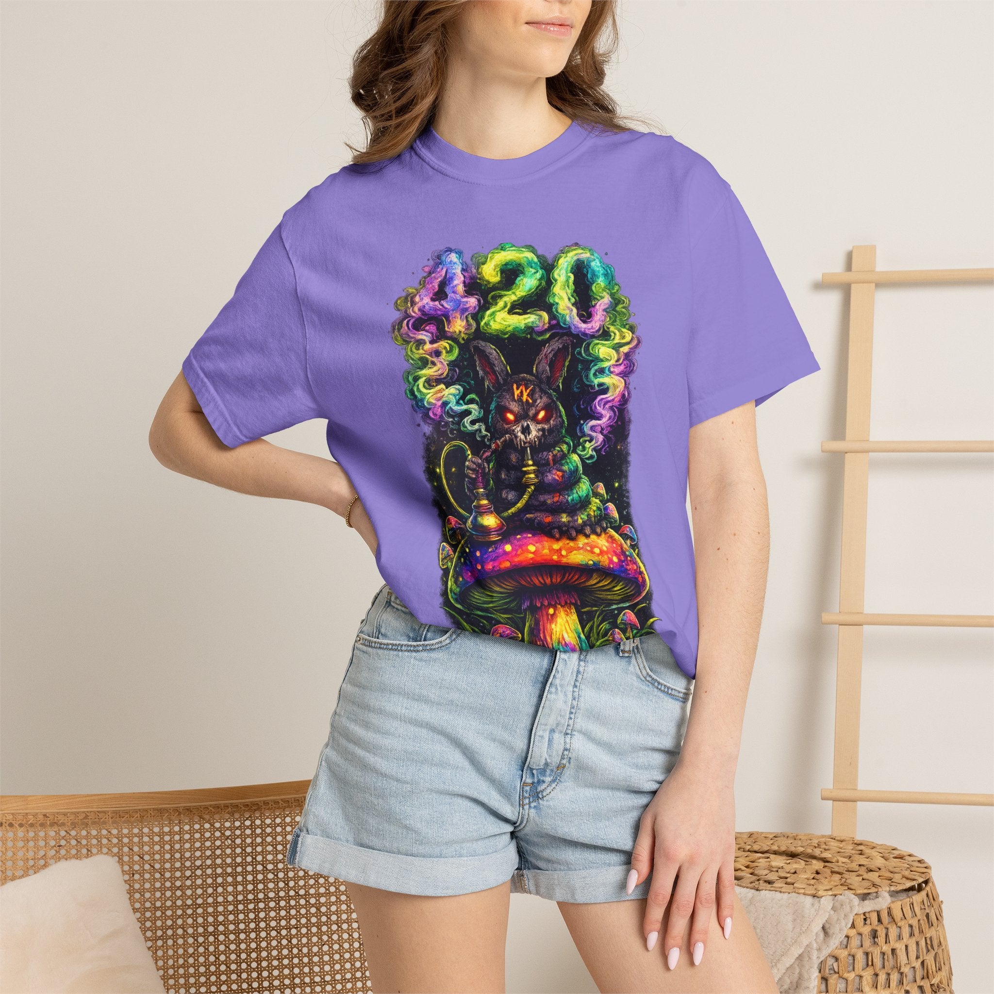 420 Psychedelic Cat T-Shirt — Colorful Mushroom Smoke Graphic