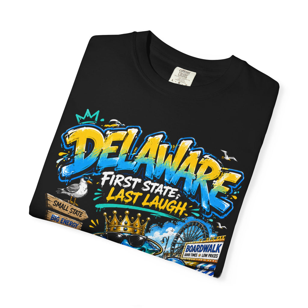 Delaware Frog Graphic T-Shirt — 'First State, Last Laugh' Coastal Souvenir Tee