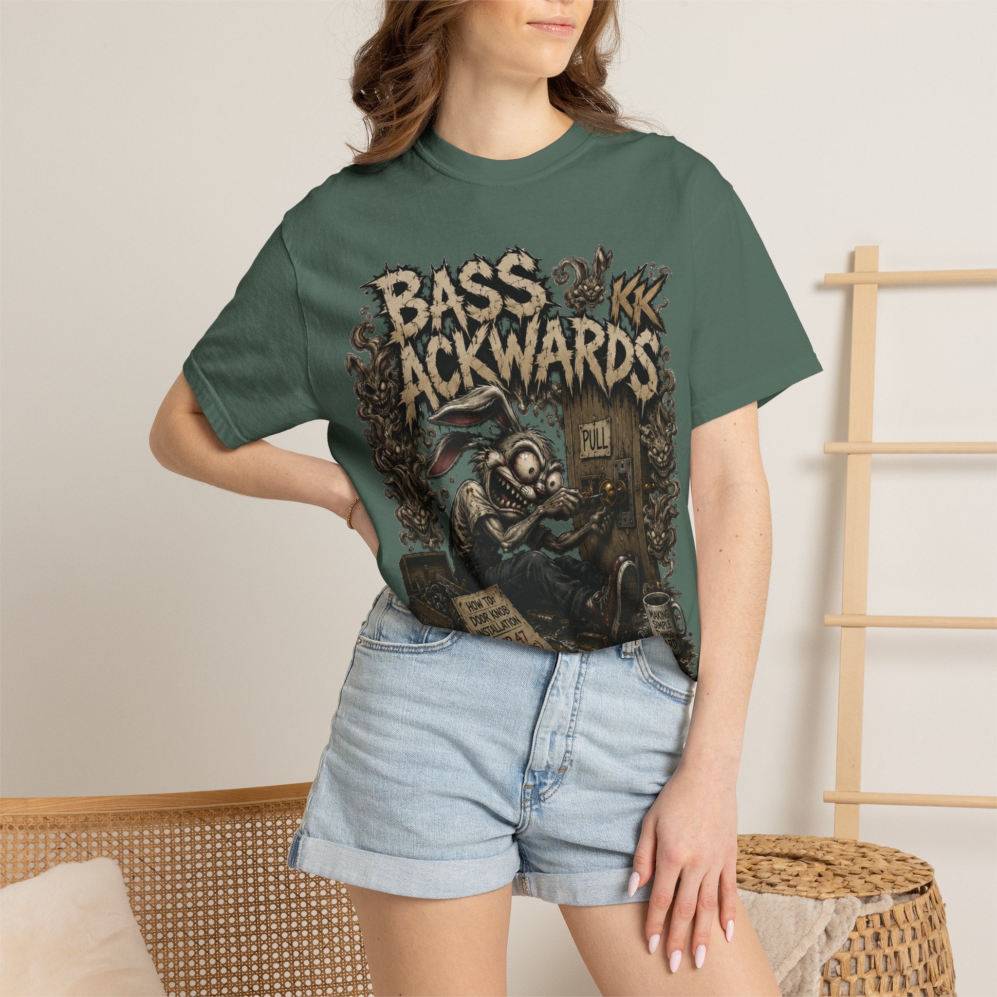 Bass Ackwards Graphic T‑Shirt — Heavy Metal Band Skull Design