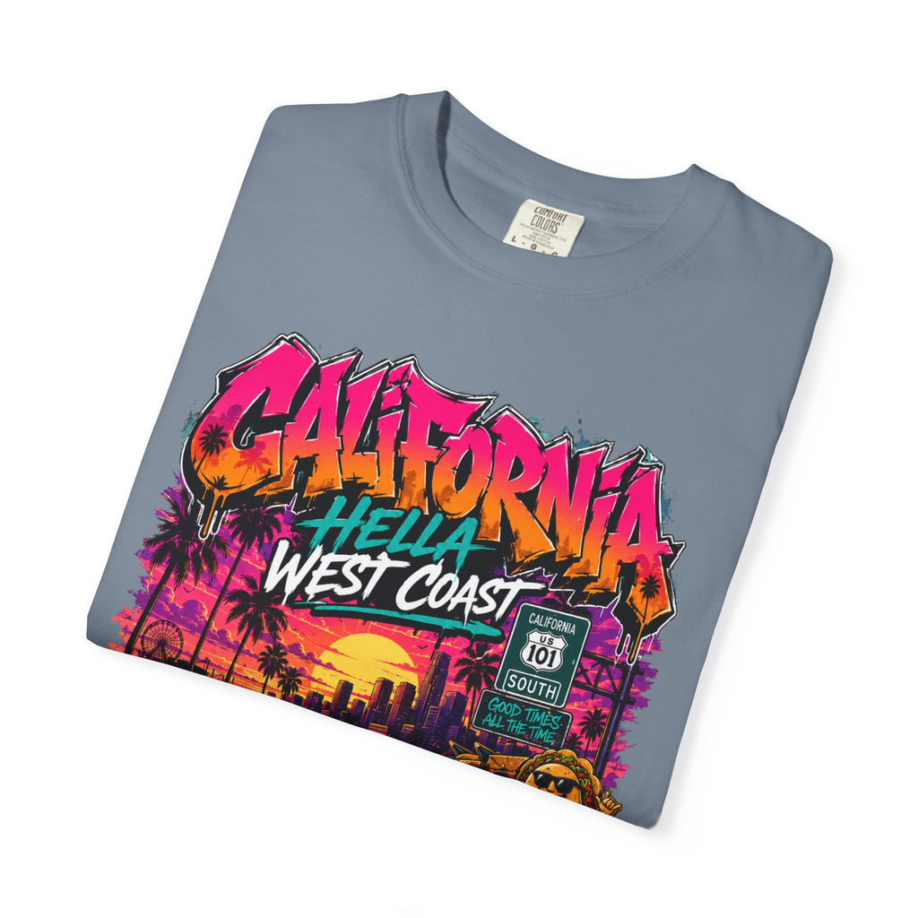 California West Coast Graphic T-Shirt — "California Hella" Vintage Sunset Car Design