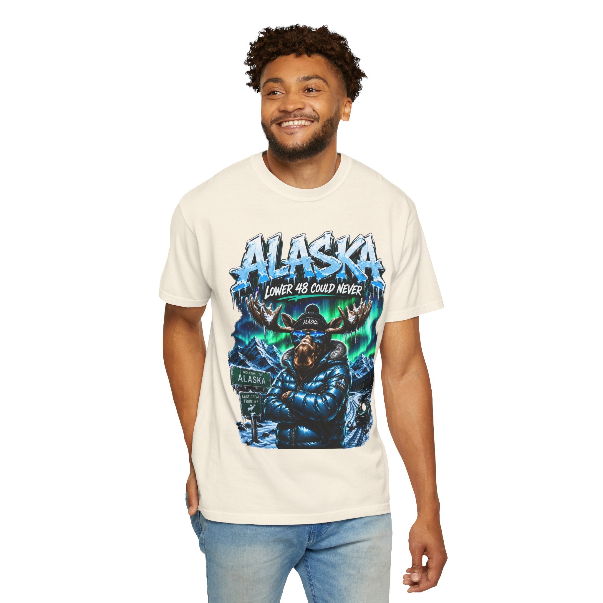 Alaska Moose Aurora Graphic T-Shirt — "Lower 48 Could Never"