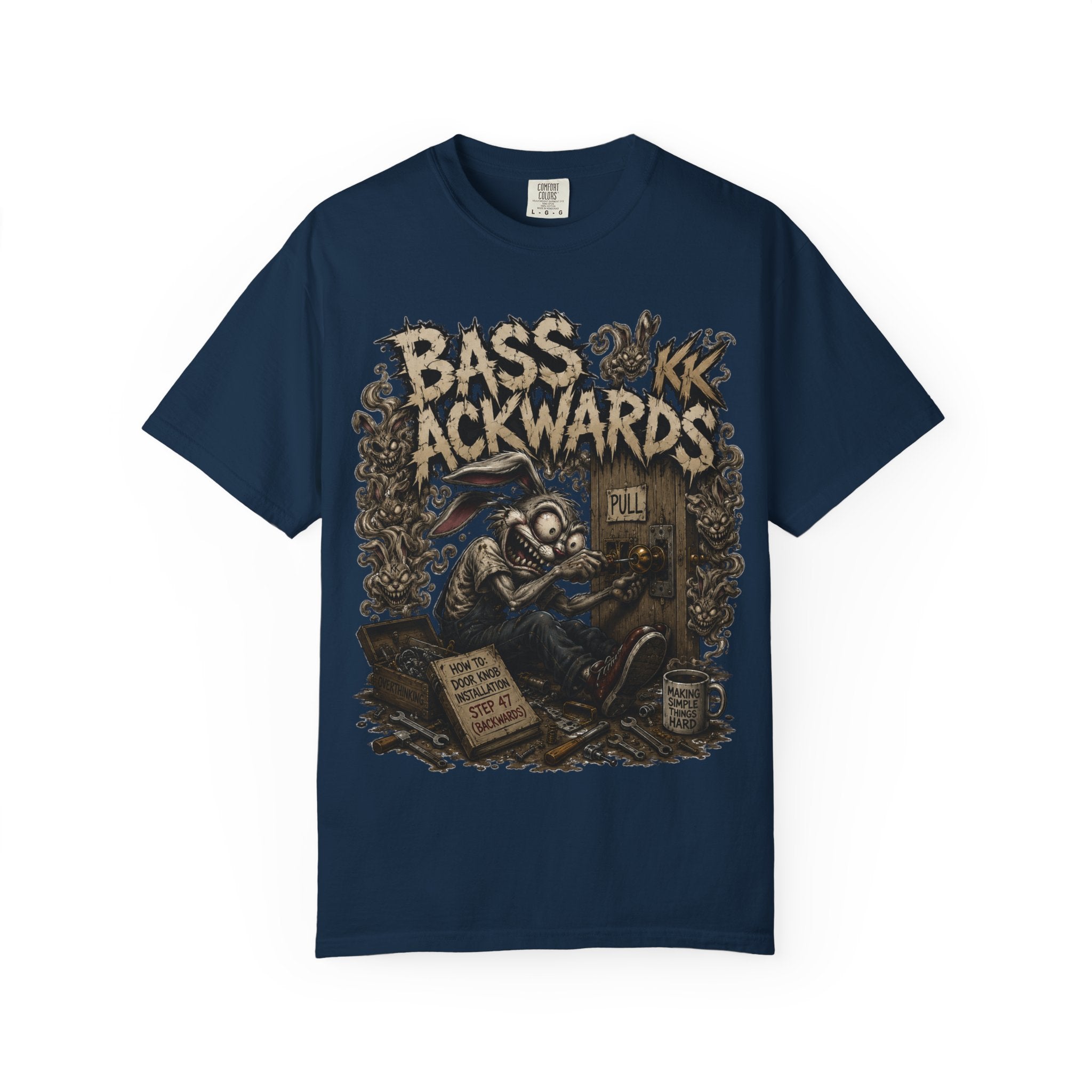 Bass Ackwards Graphic T‑Shirt — Heavy Metal Band Skull Design