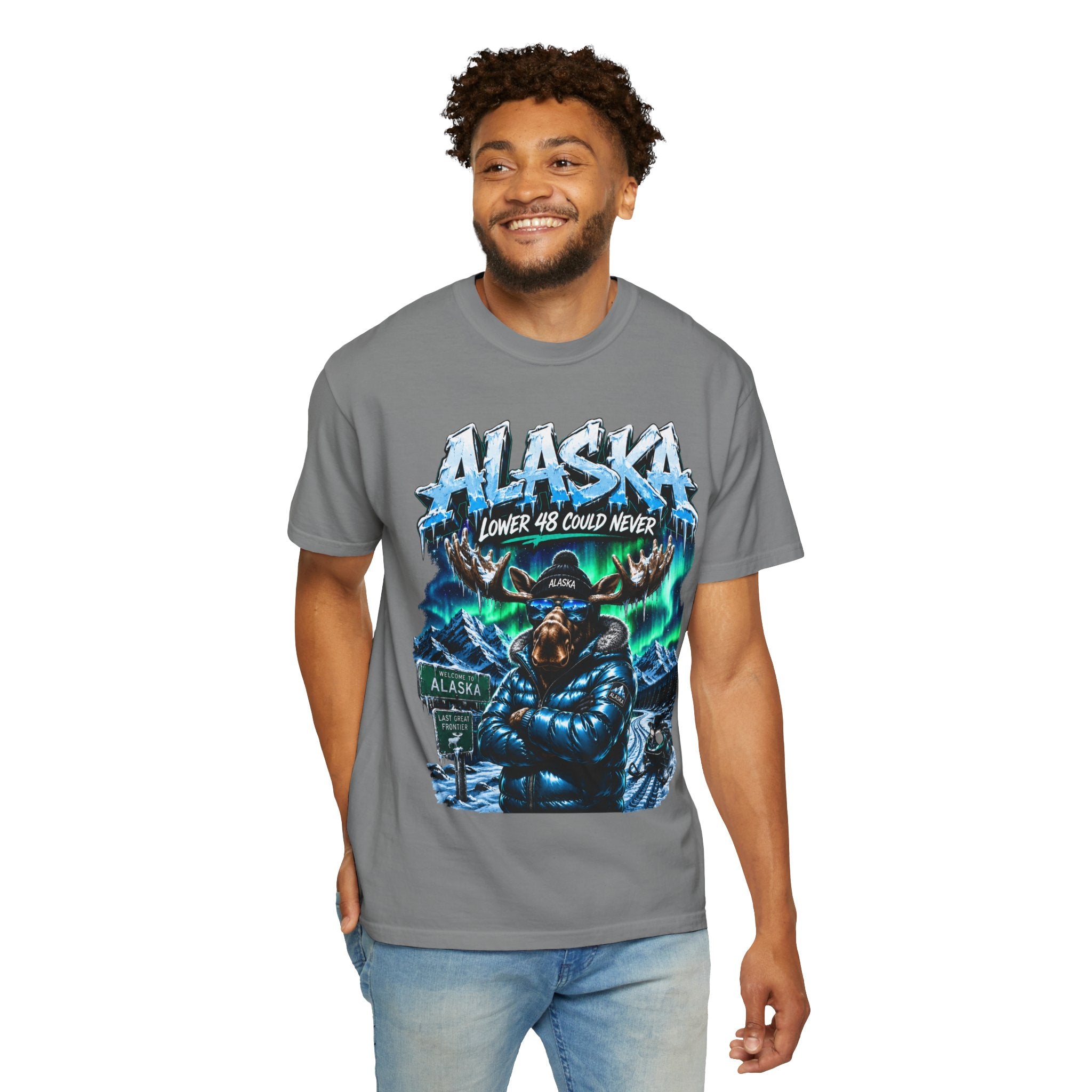 Alaska Moose Aurora Graphic T-Shirt — "Lower 48 Could Never"