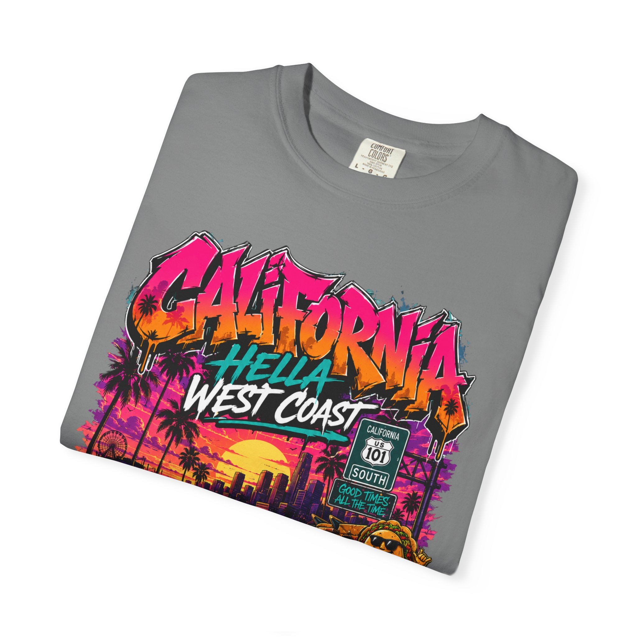 California West Coast Graphic T-Shirt — "California Hella" Vintage Sunset Car Design