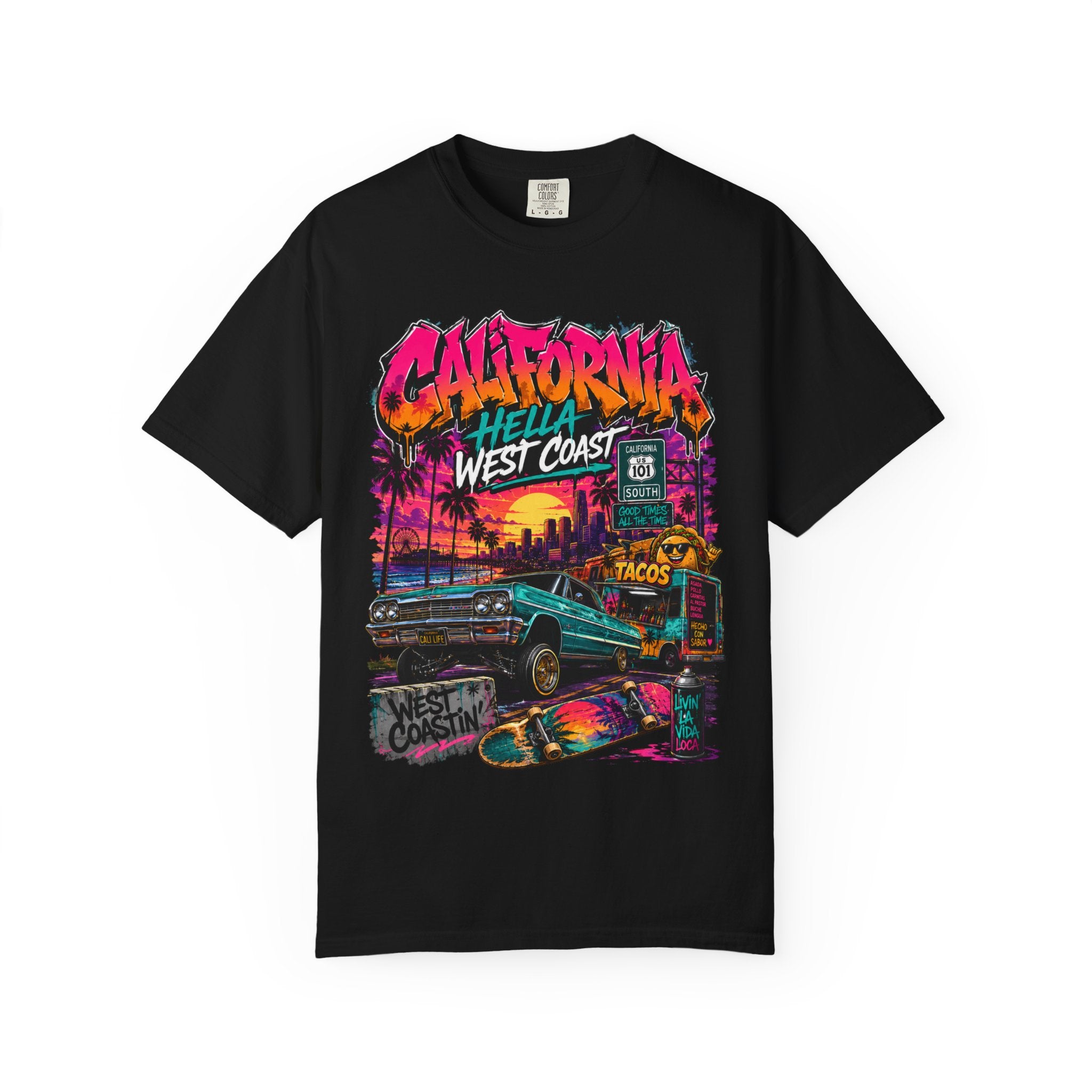 California West Coast Graphic T-Shirt — "California Hella" Vintage Sunset Car Design