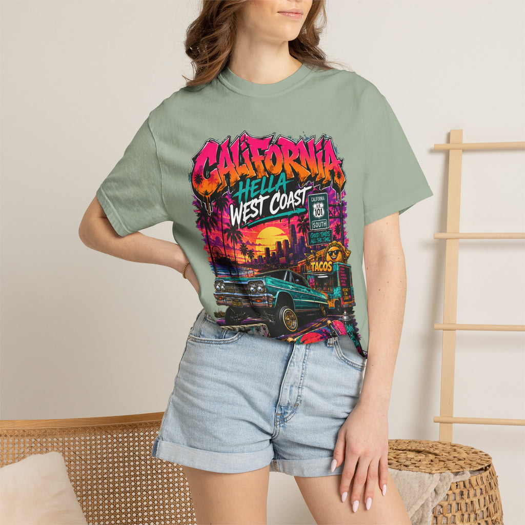 California West Coast Graphic T-Shirt — "California Hella" Vintage Sunset Car Design