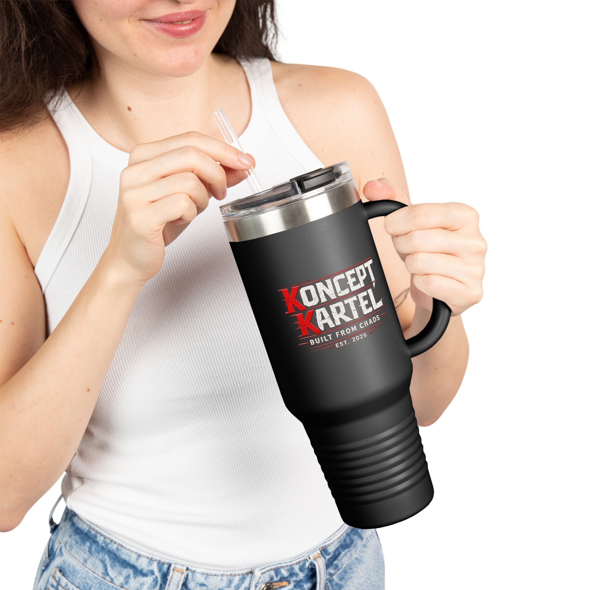 40oz Insulated Travel Mug — ‘Koncept Kartel’ Red Stainless Tumbler with Handle