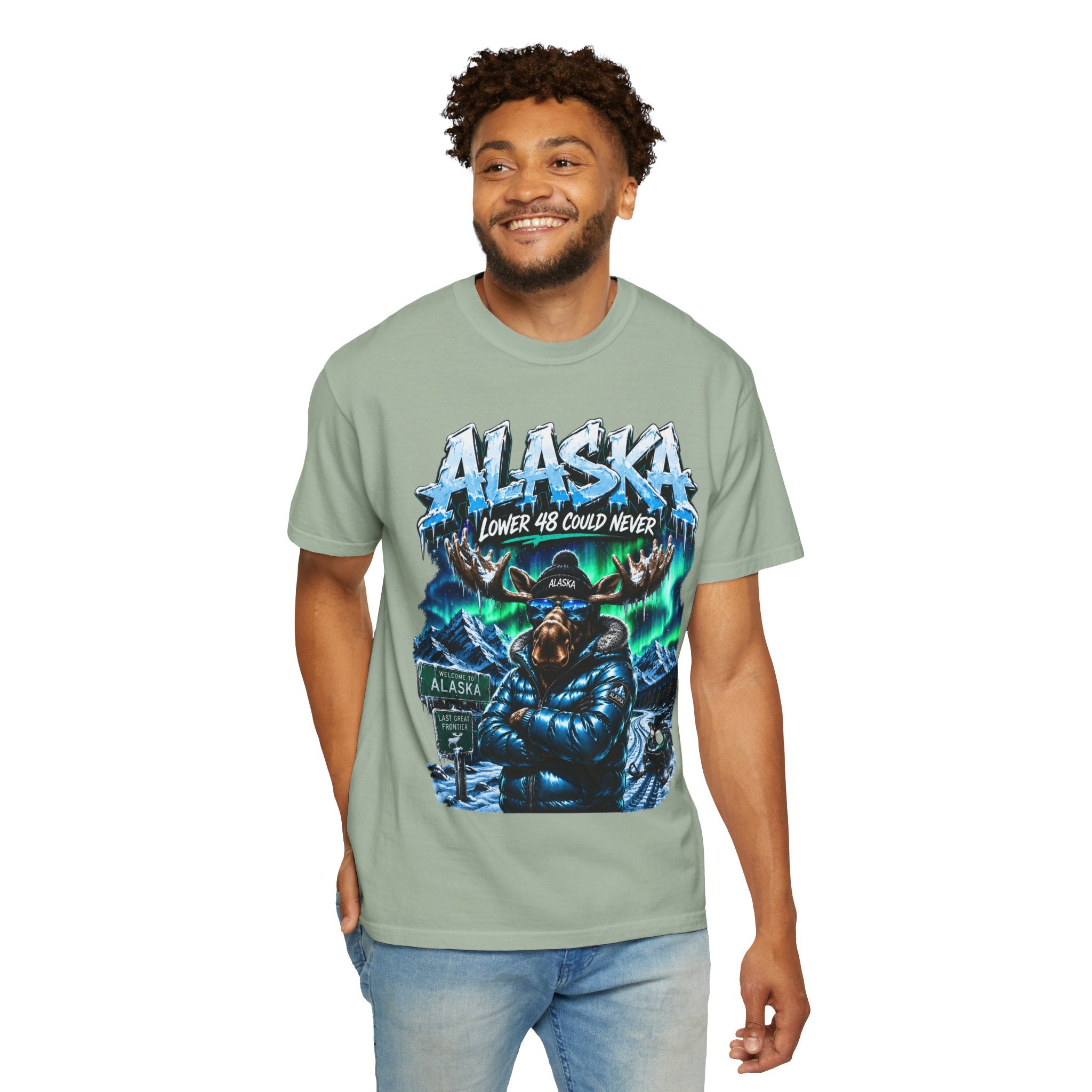 Alaska Moose Aurora Graphic T-Shirt — "Lower 48 Could Never"