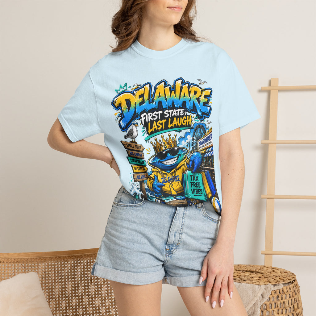 Delaware Frog Graphic T-Shirt — 'First State, Last Laugh' Coastal Souvenir Tee