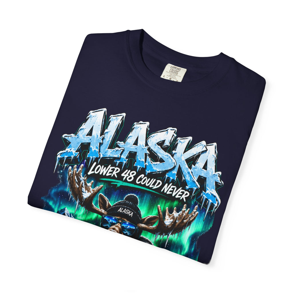 Alaska Moose Aurora Graphic T-Shirt — "Lower 48 Could Never"
