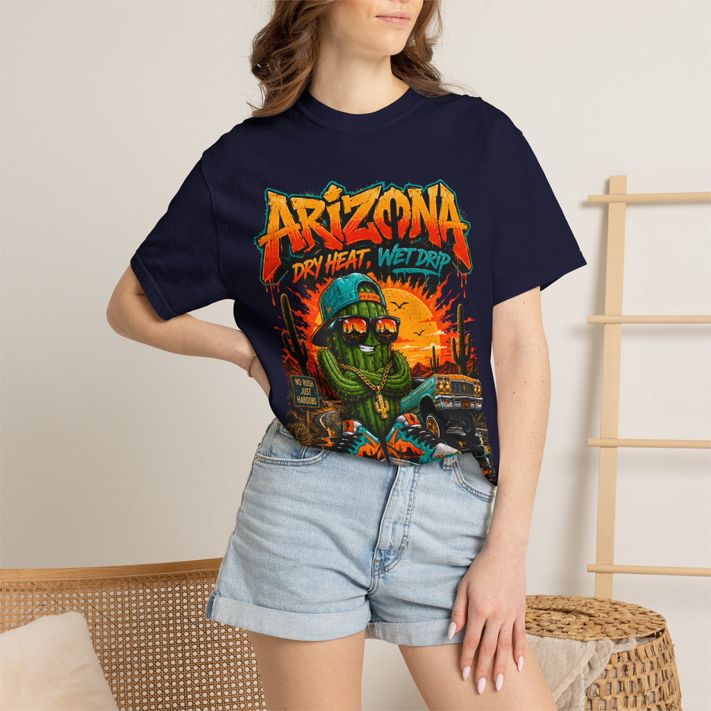 Arizona Desert Graphic T-Shirt — 'Arizona Dry Heat Wet Drop' Retro Cactus Sunset Tee
