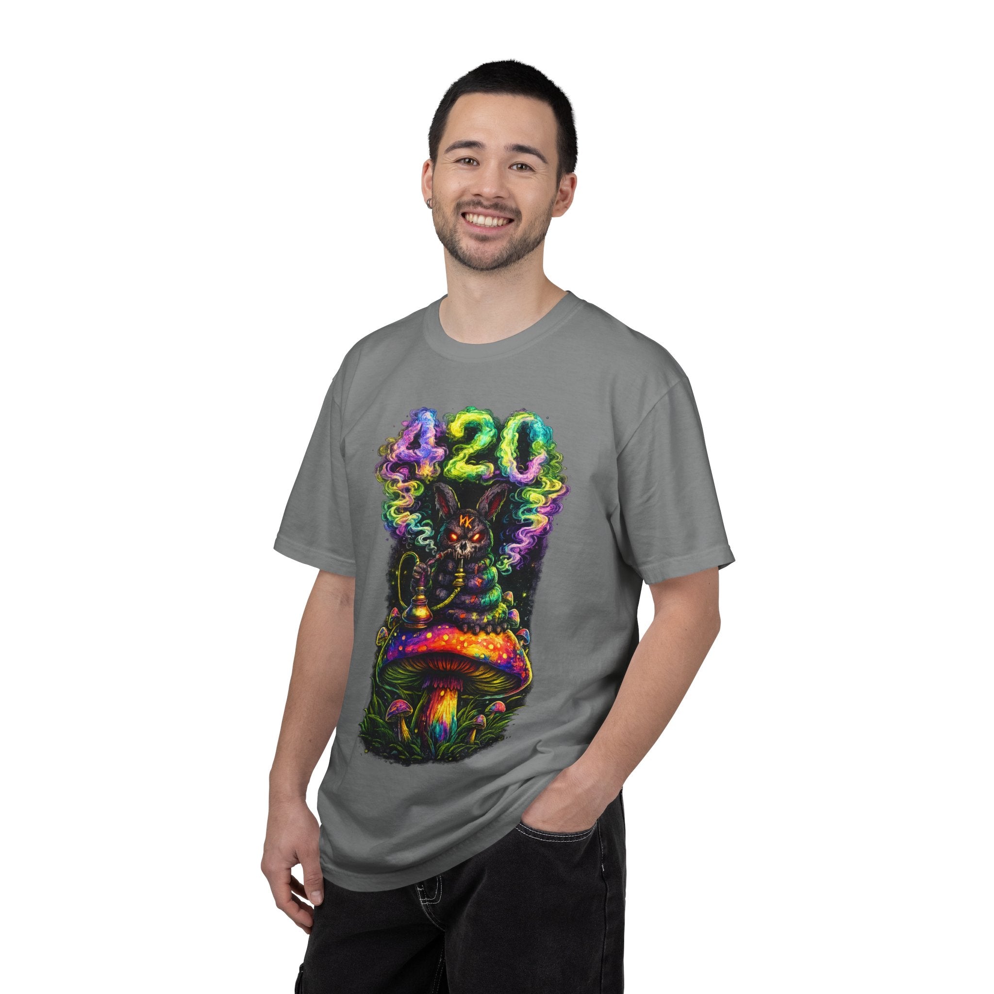 420 Psychedelic Cat T-Shirt — Colorful Mushroom Smoke Graphic
