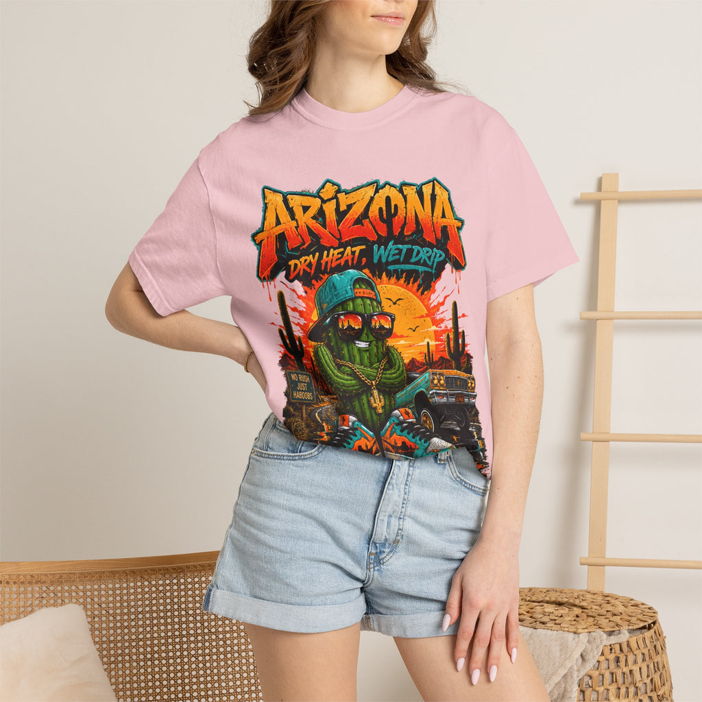 Arizona Desert Graphic T-Shirt — 'Arizona Dry Heat Wet Drop' Retro Cactus Sunset Tee