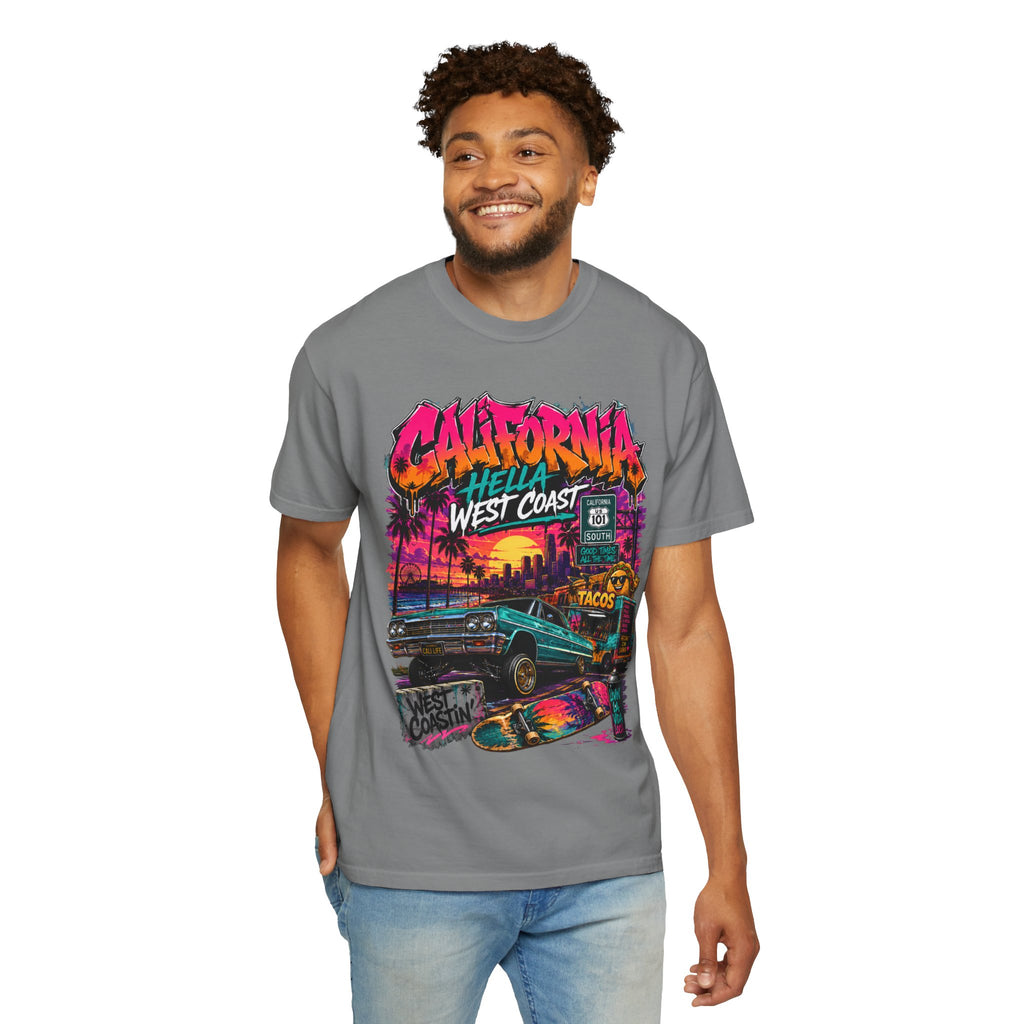 California West Coast Graphic T-Shirt — "California Hella" Vintage Sunset Car Design