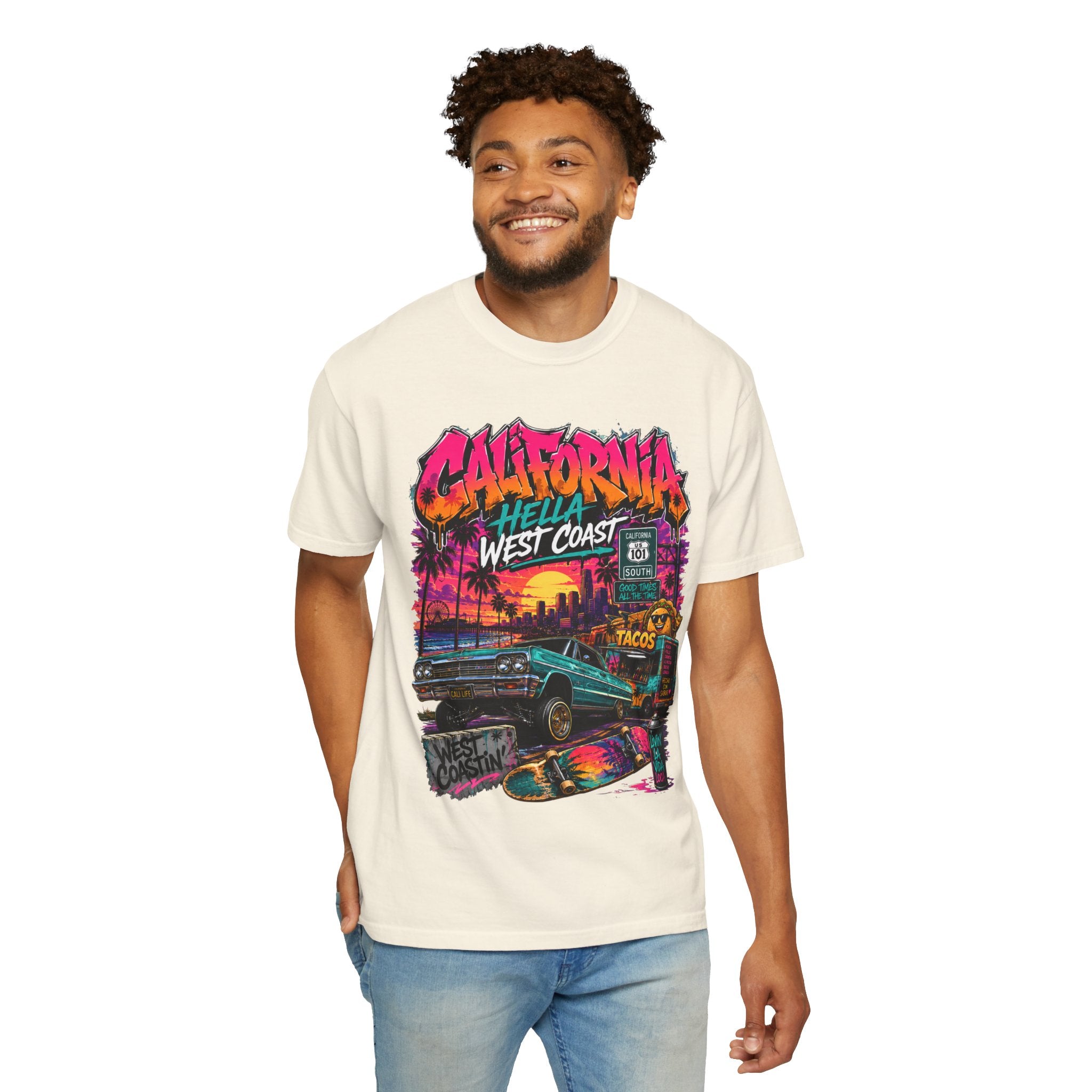 California West Coast Graphic T-Shirt — "California Hella" Vintage Sunset Car Design