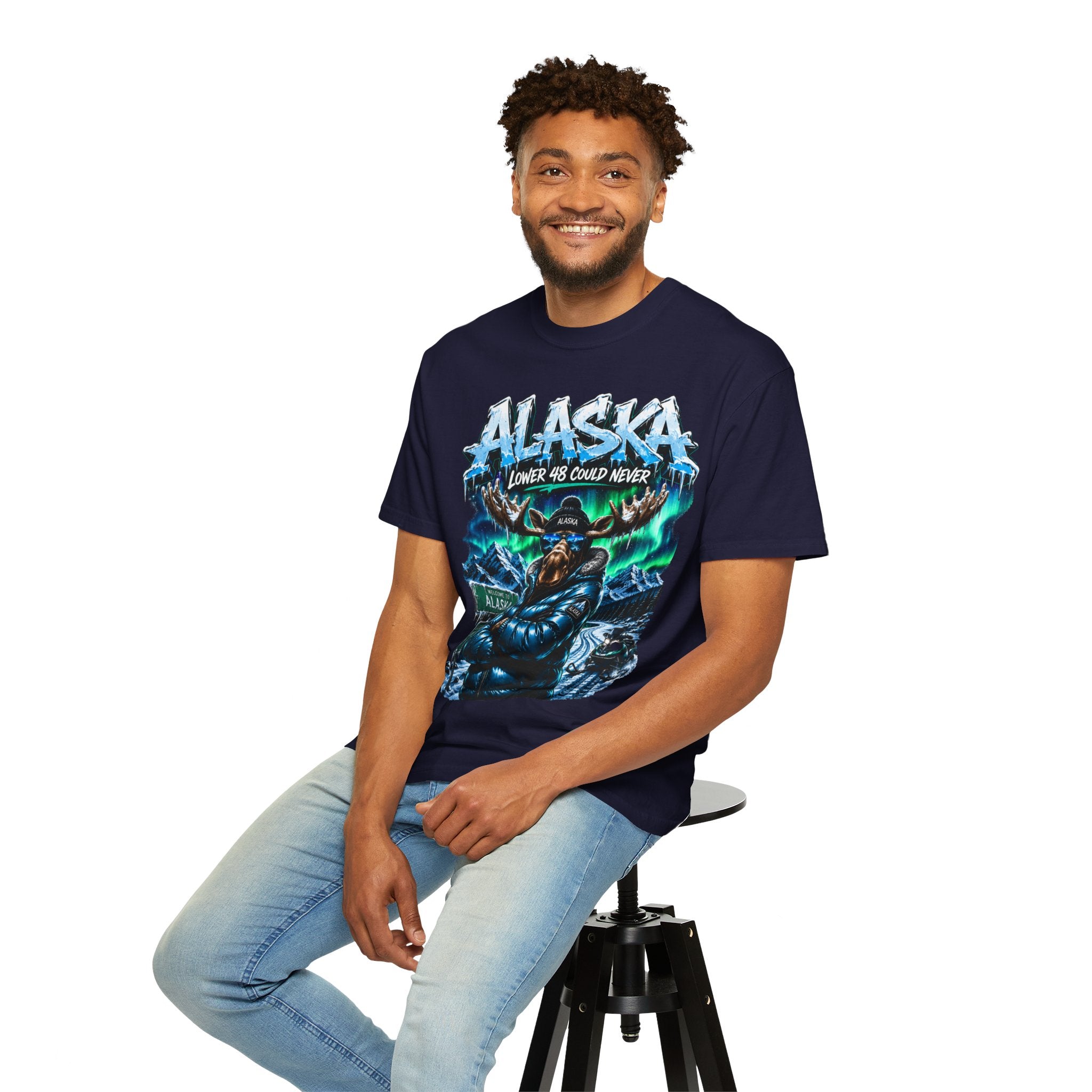 Alaska Moose Aurora Graphic T-Shirt — "Lower 48 Could Never"