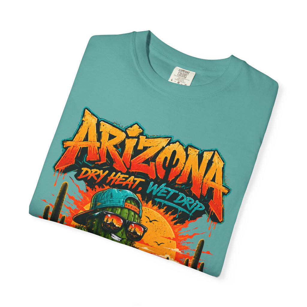 Arizona Desert Graphic T-Shirt — 'Arizona Dry Heat Wet Drop' Retro Cactus Sunset Tee