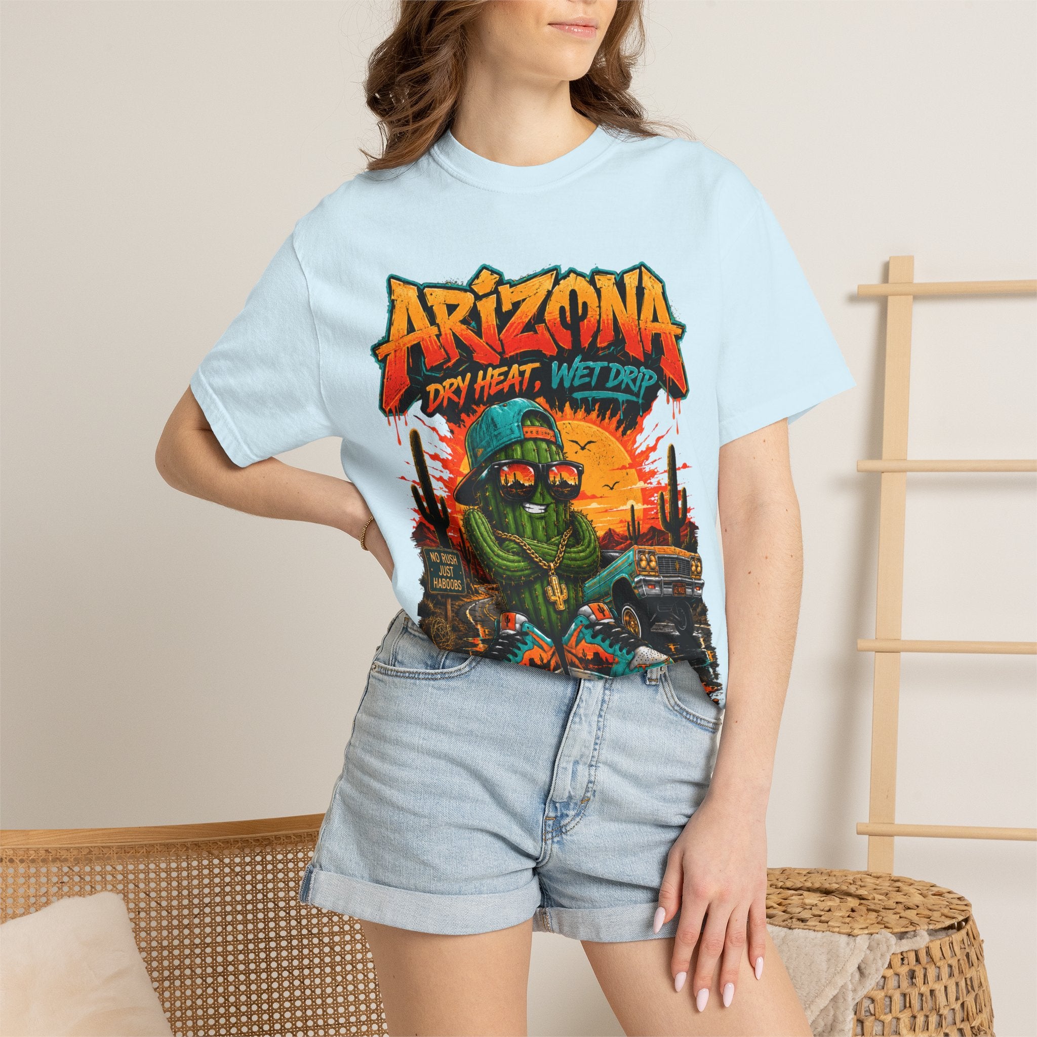Arizona Desert Graphic T-Shirt — 'Arizona Dry Heat Wet Drop' Retro Cactus Sunset Tee