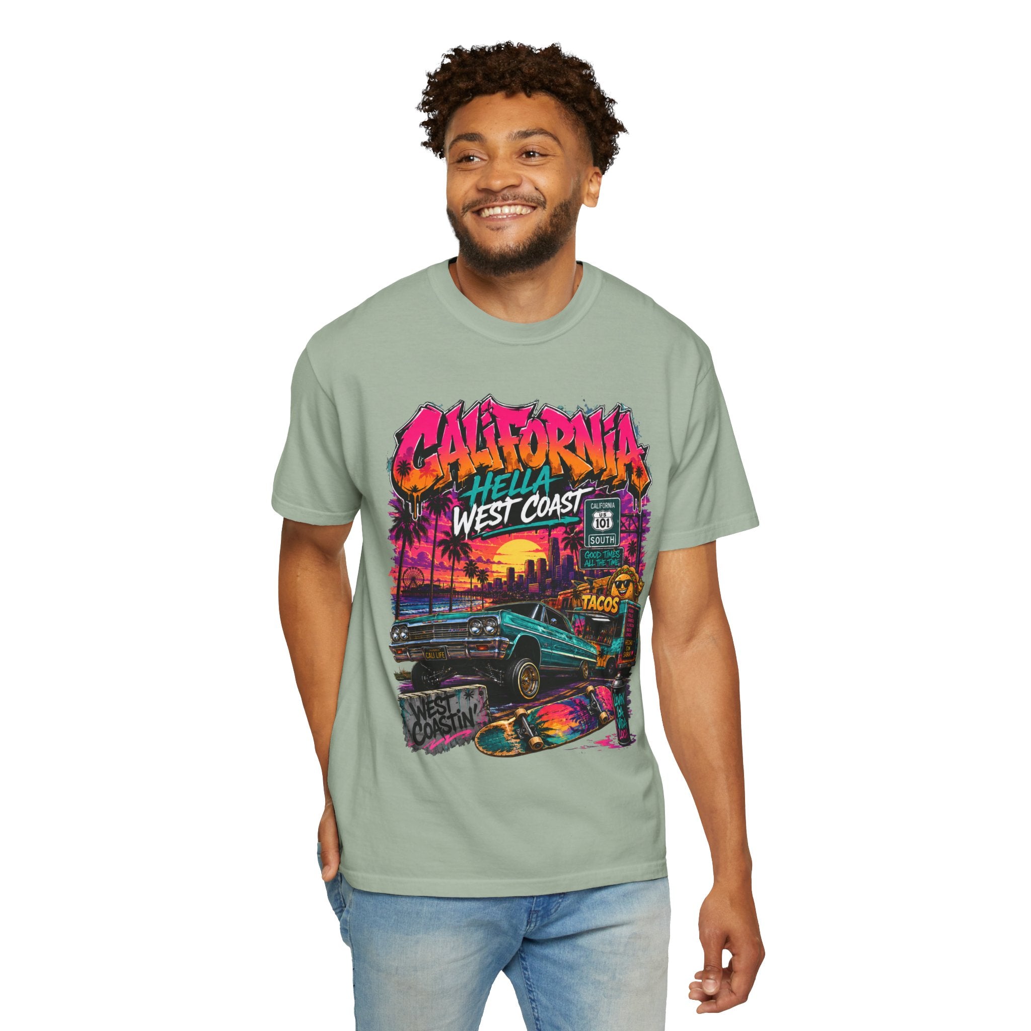 California West Coast Graphic T-Shirt — "California Hella" Vintage Sunset Car Design