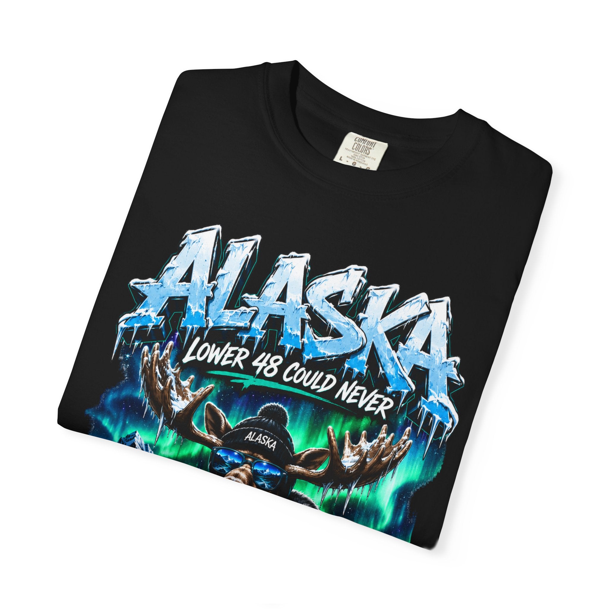 Alaska Moose Aurora Graphic T-Shirt — "Lower 48 Could Never"