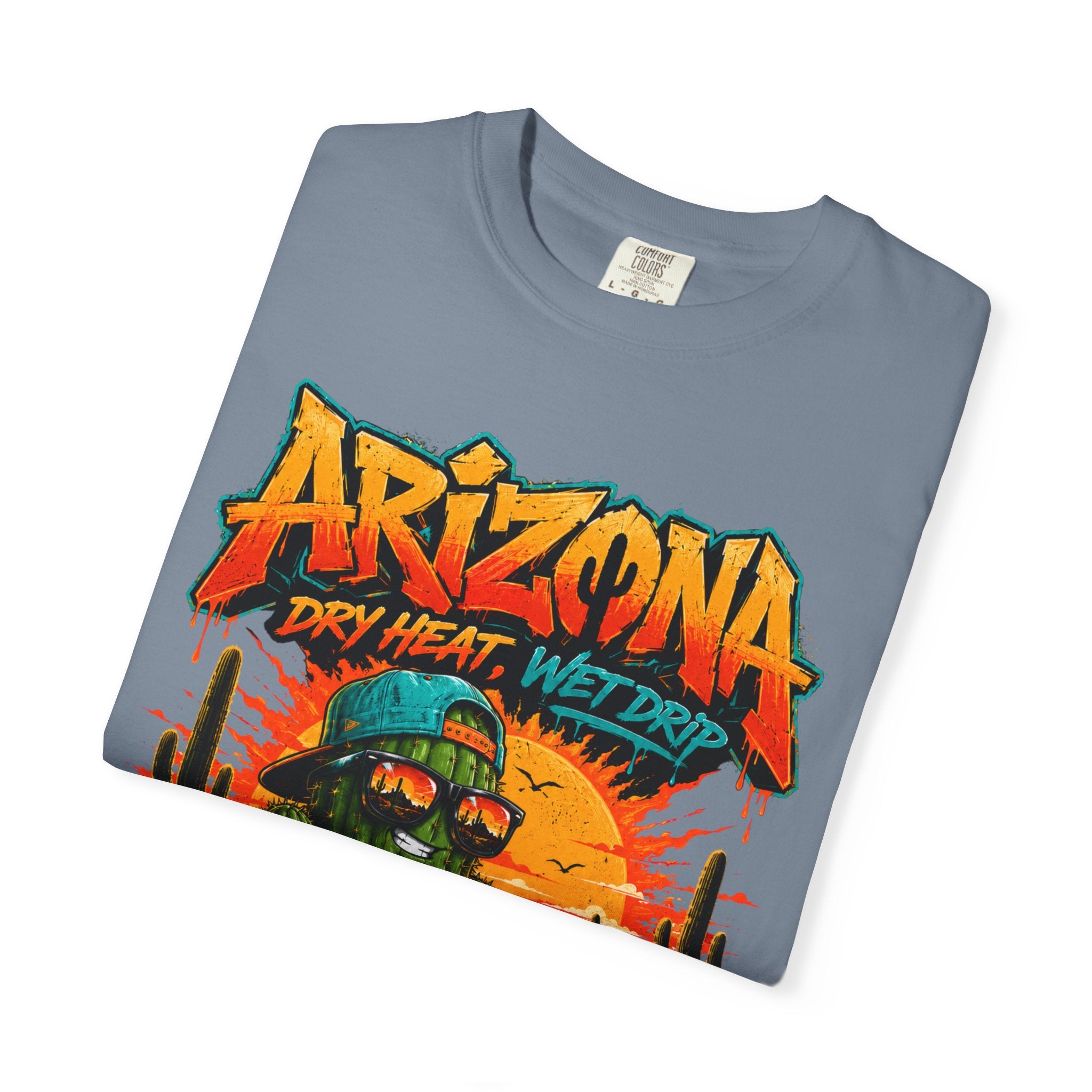 Arizona Desert Graphic T-Shirt — 'Arizona Dry Heat Wet Drop' Retro Cactus Sunset Tee