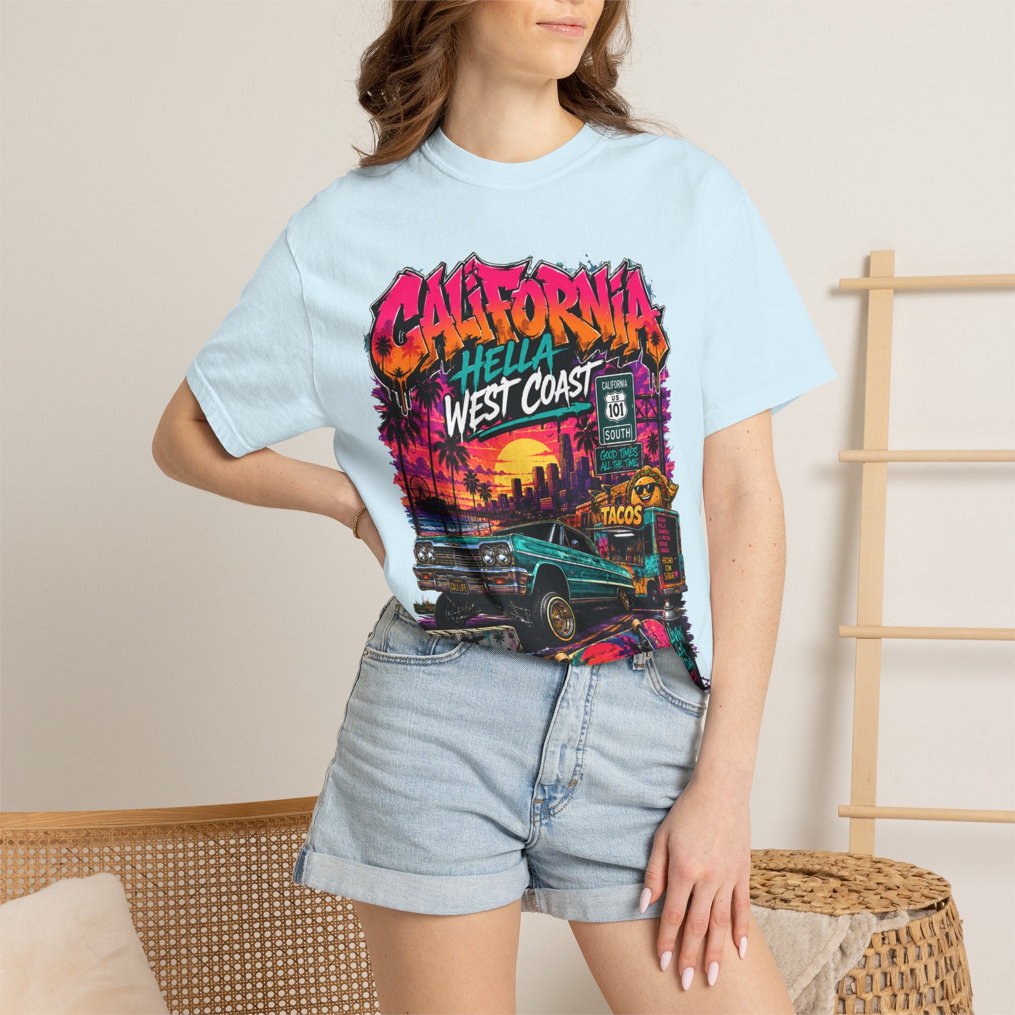 California West Coast Graphic T-Shirt — "California Hella" Vintage Sunset Car Design