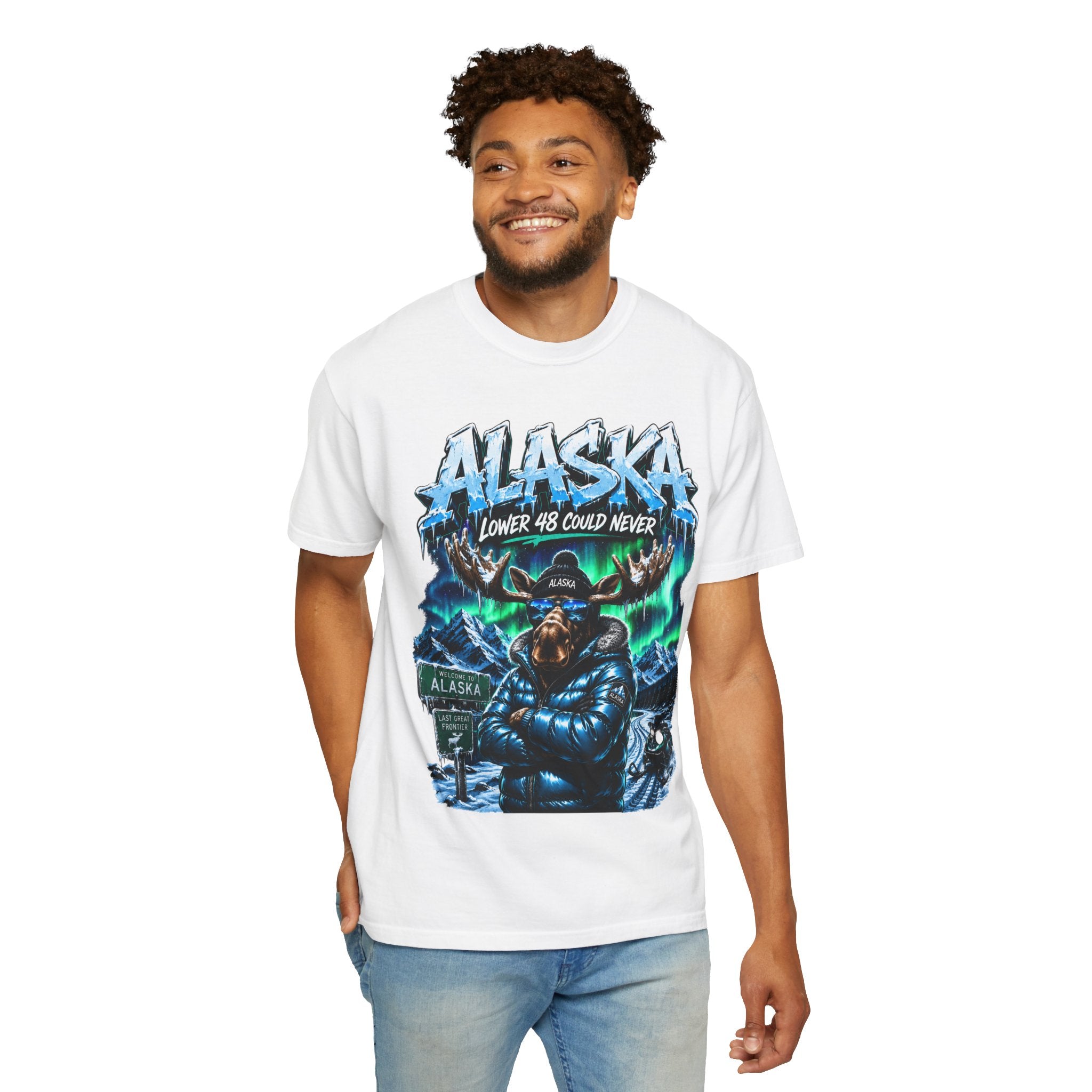 Alaska Moose Aurora Graphic T-Shirt — "Lower 48 Could Never"