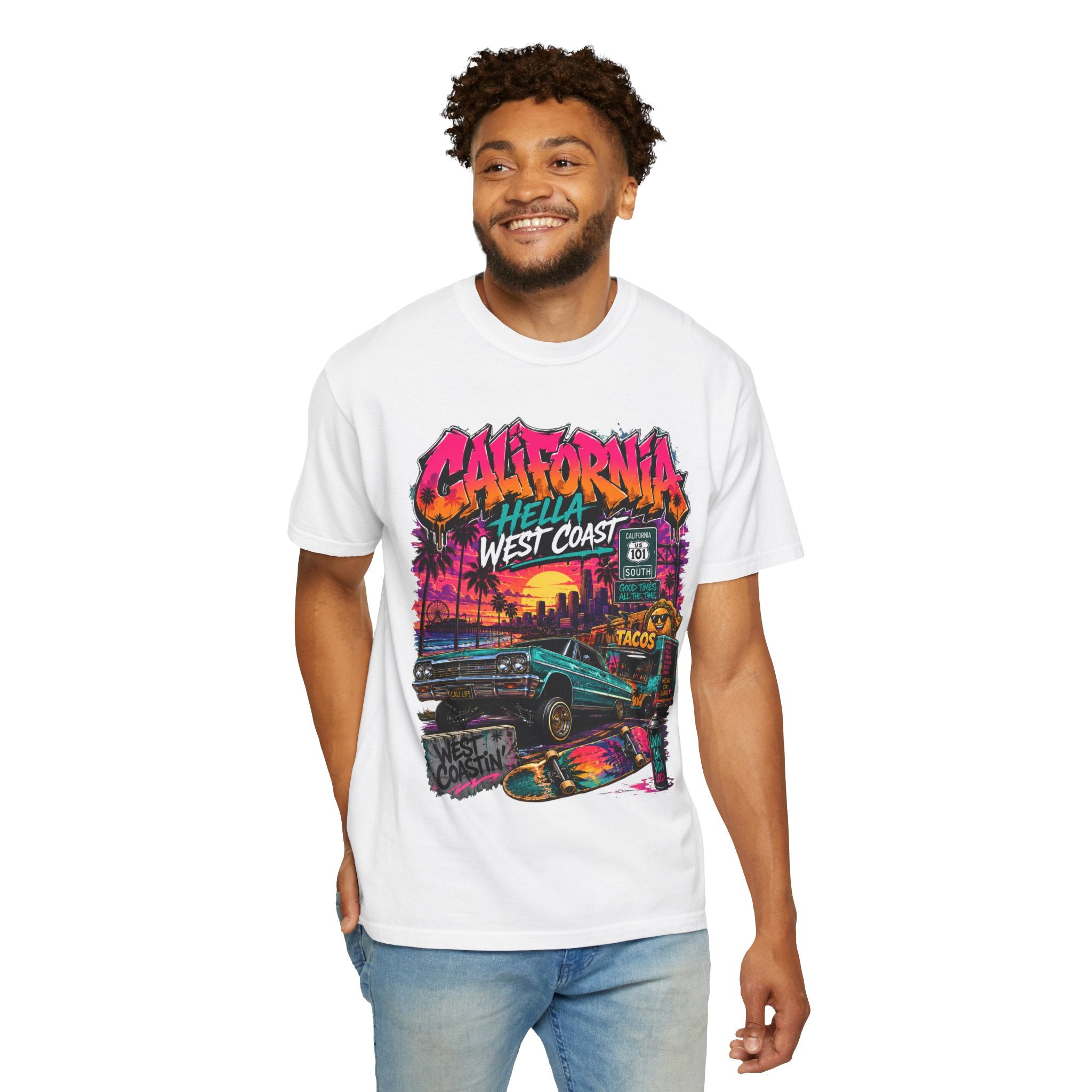 California West Coast Graphic T-Shirt — "California Hella" Vintage Sunset Car Design