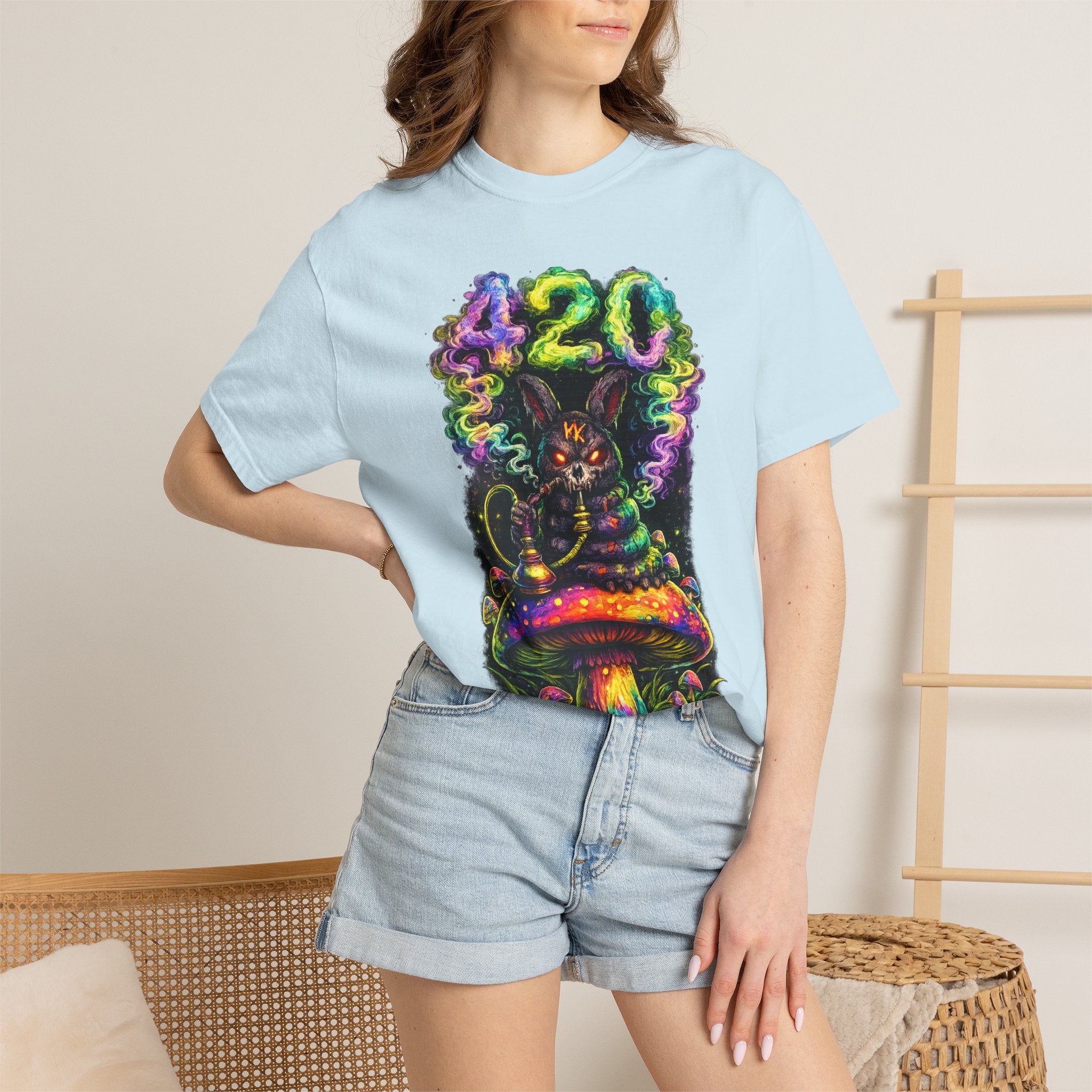 420 Psychedelic Cat T-Shirt — Colorful Mushroom Smoke Graphic