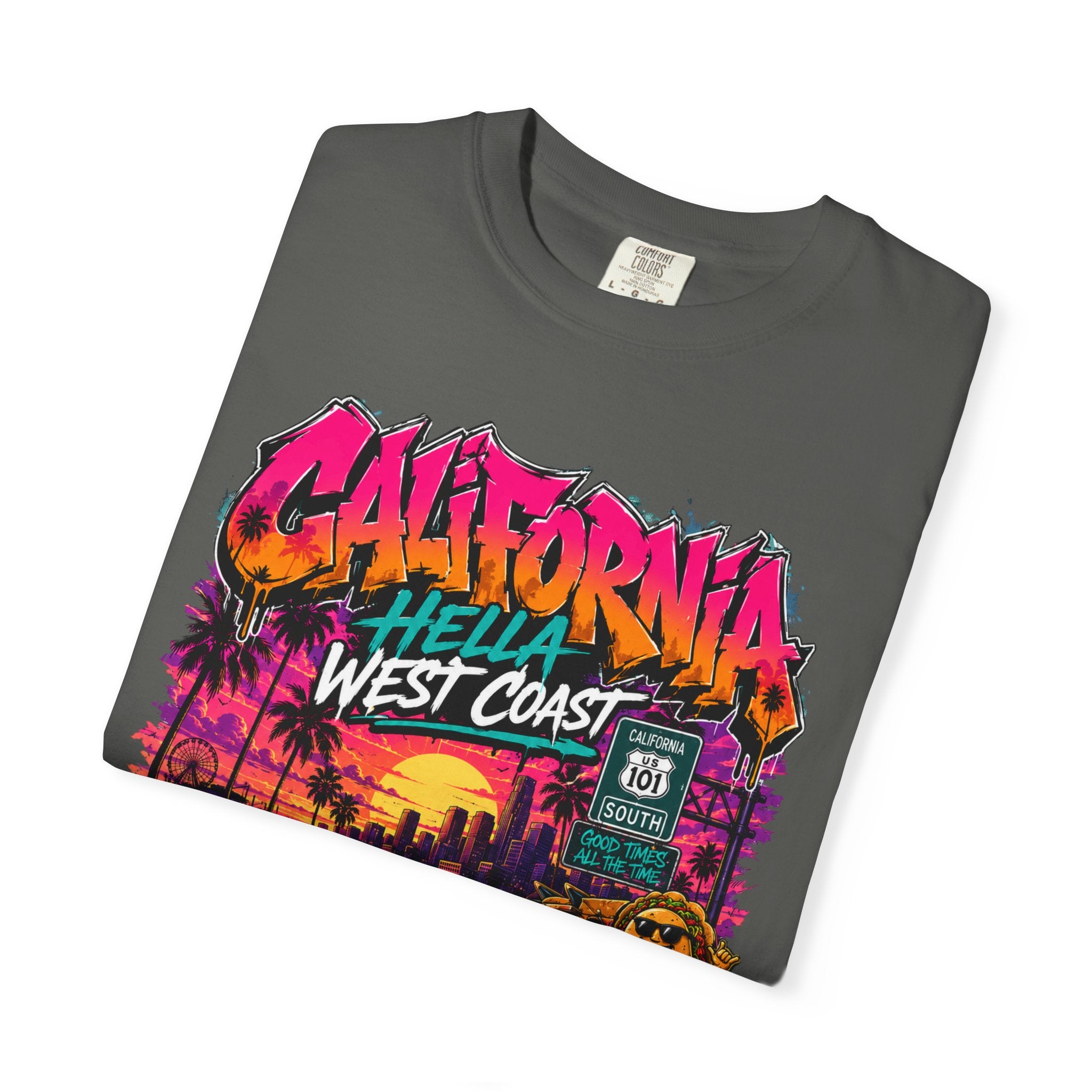 California West Coast Graphic T-Shirt — "California Hella" Vintage Sunset Car Design