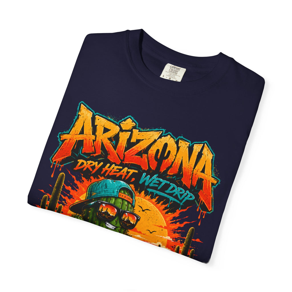 Arizona Desert Graphic T-Shirt — 'Arizona Dry Heat Wet Drop' Retro Cactus Sunset Tee