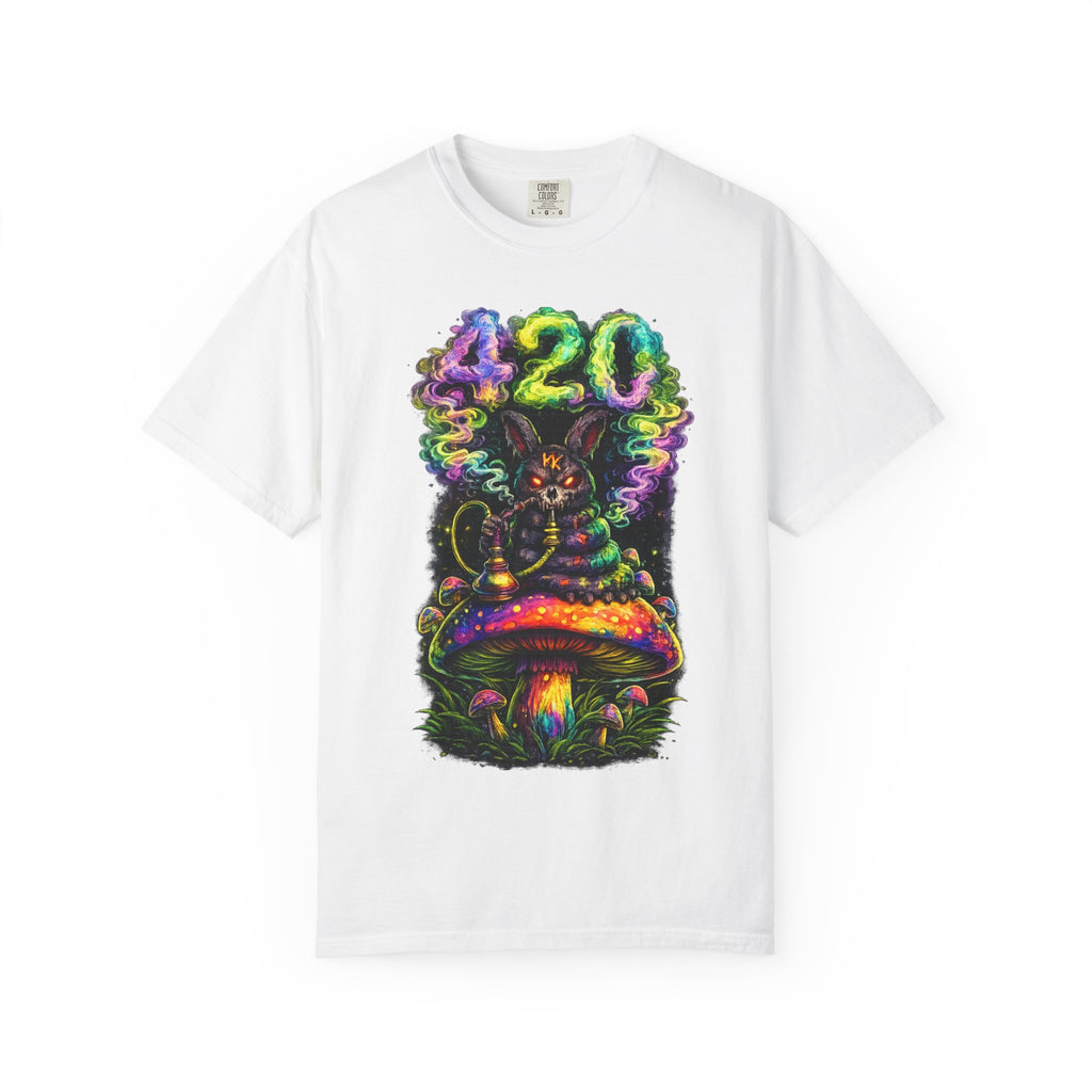 420 Psychedelic Cat T-Shirt — Colorful Mushroom Smoke Graphic