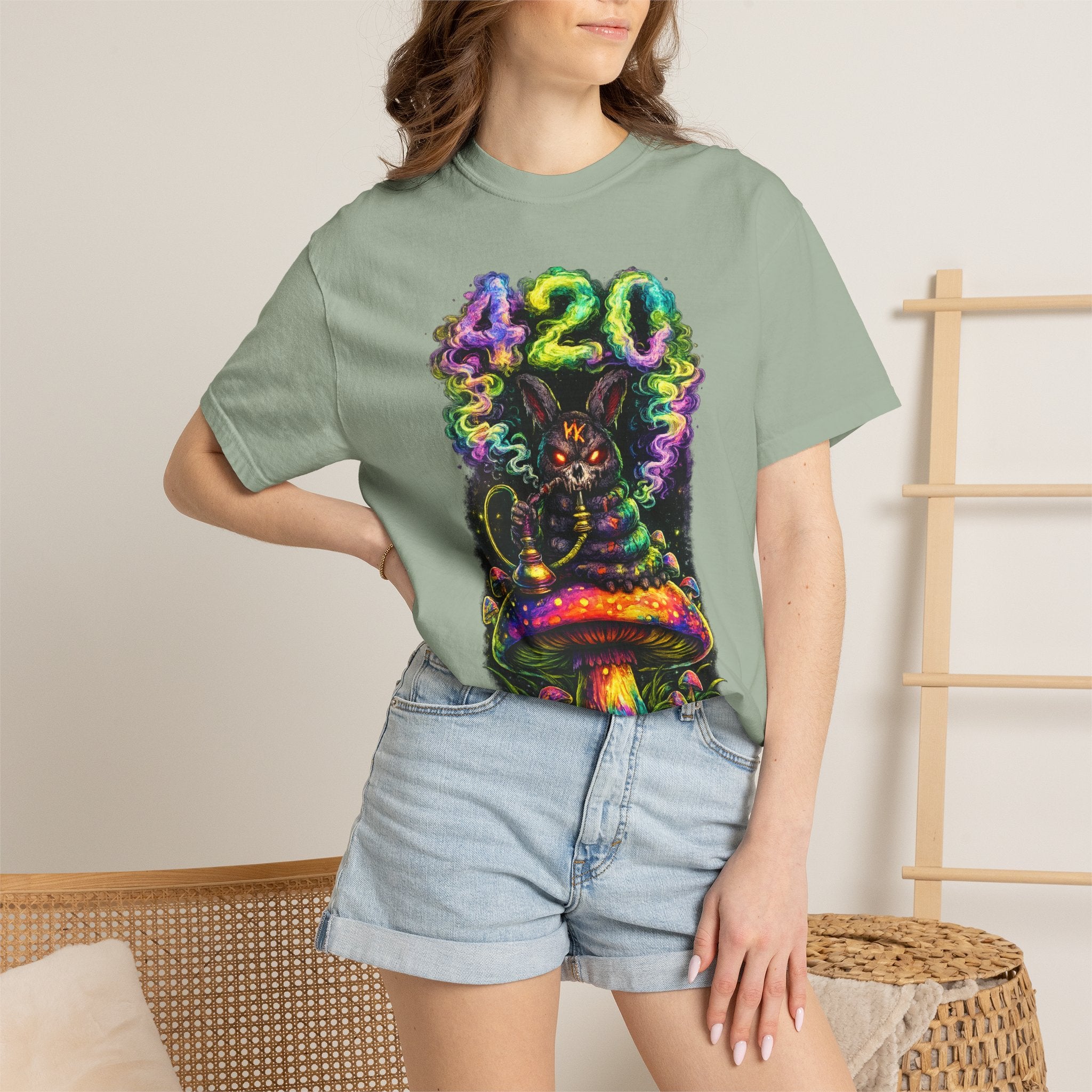 420 Psychedelic Cat T-Shirt — Colorful Mushroom Smoke Graphic