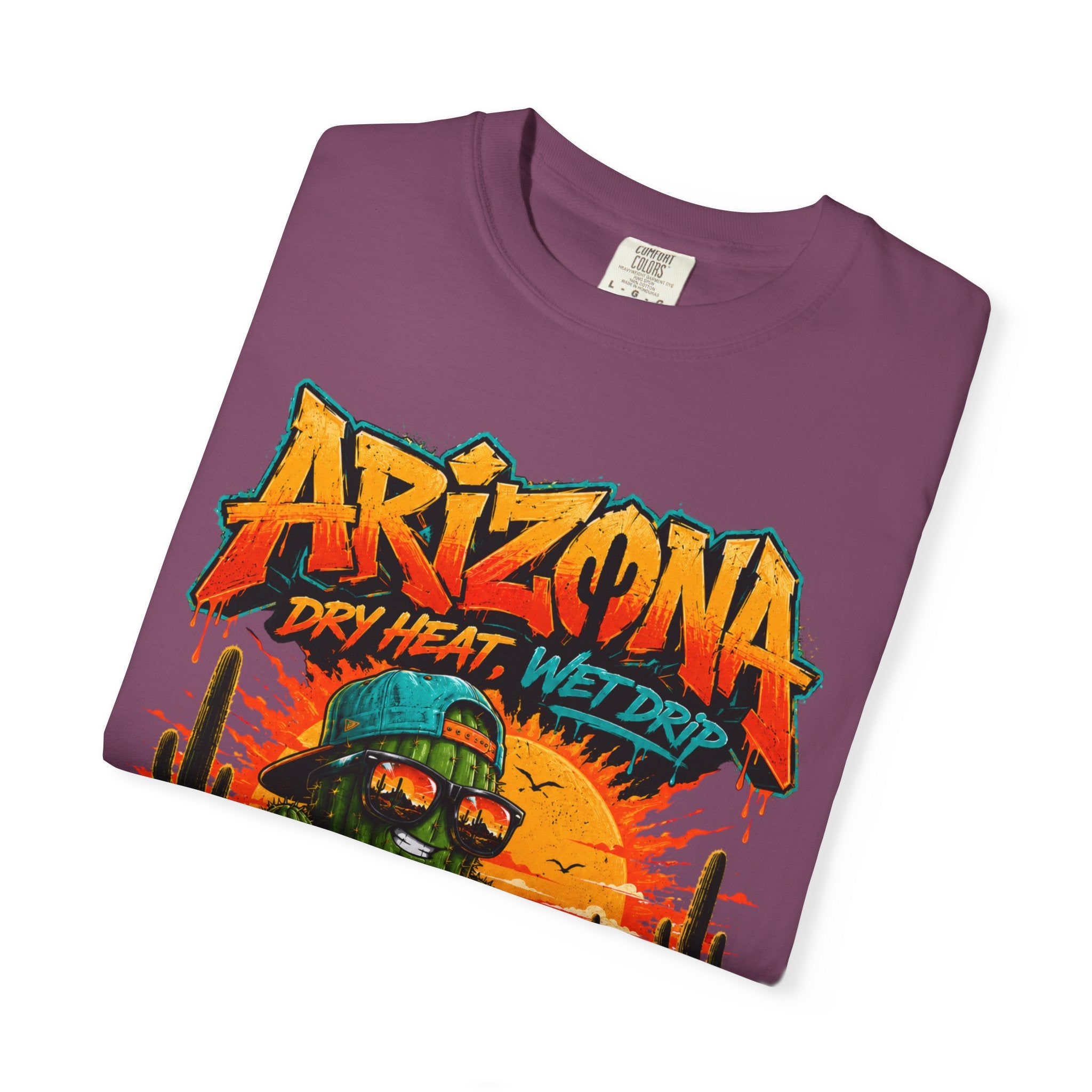 Arizona Desert Graphic T-Shirt — 'Arizona Dry Heat Wet Drop' Retro Cactus Sunset Tee