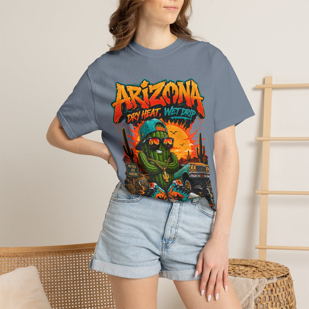 Arizona Desert Graphic T-Shirt — 'Arizona Dry Heat Wet Drop' Retro Cactus Sunset Tee