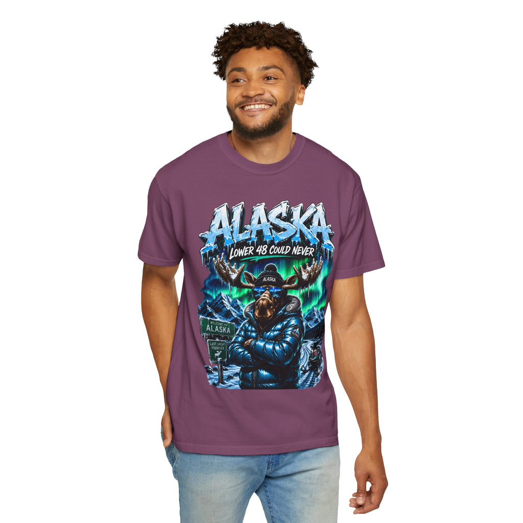 Alaska Moose Aurora Graphic T-Shirt — "Lower 48 Could Never"