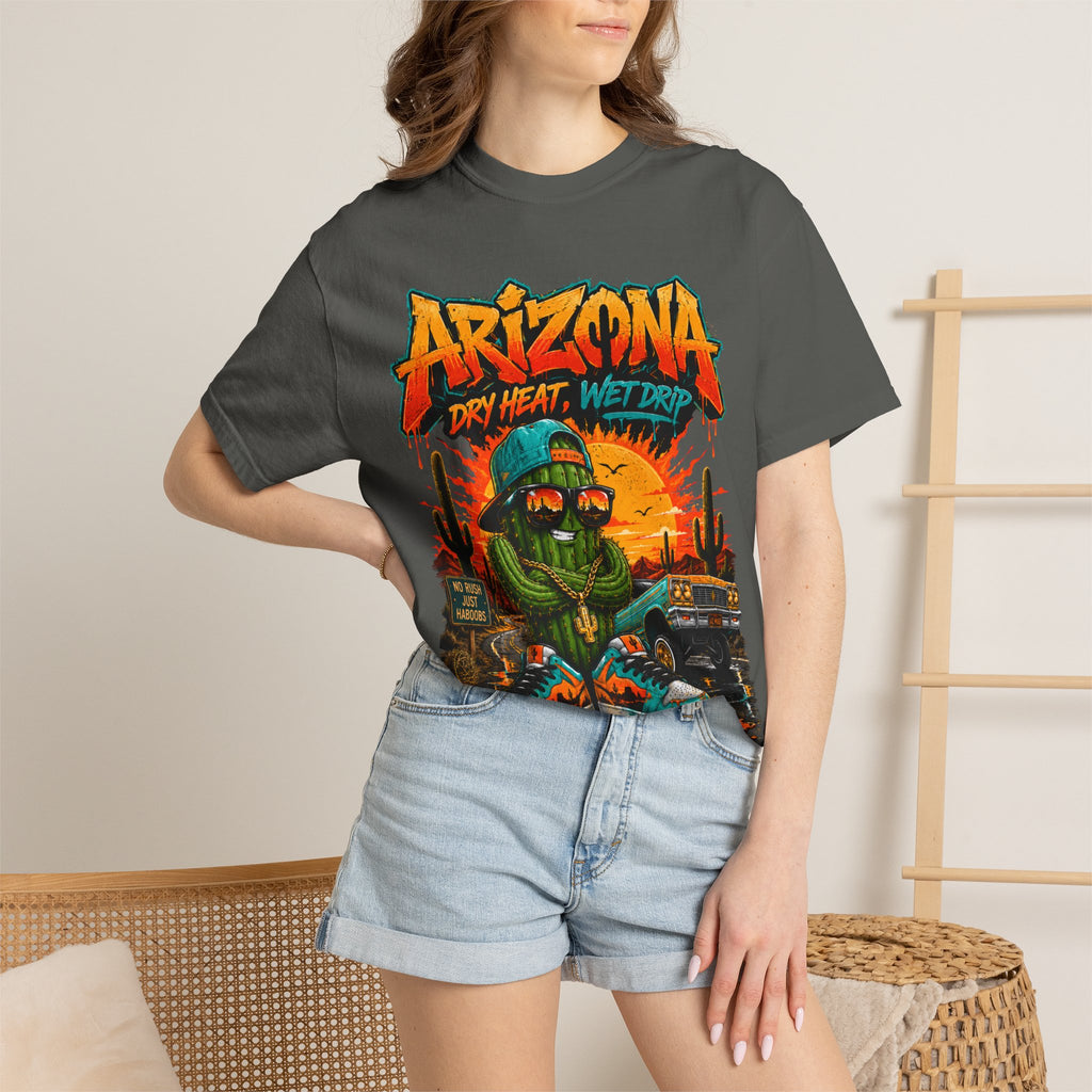 Arizona Desert Graphic T-Shirt — 'Arizona Dry Heat Wet Drop' Retro Cactus Sunset Tee