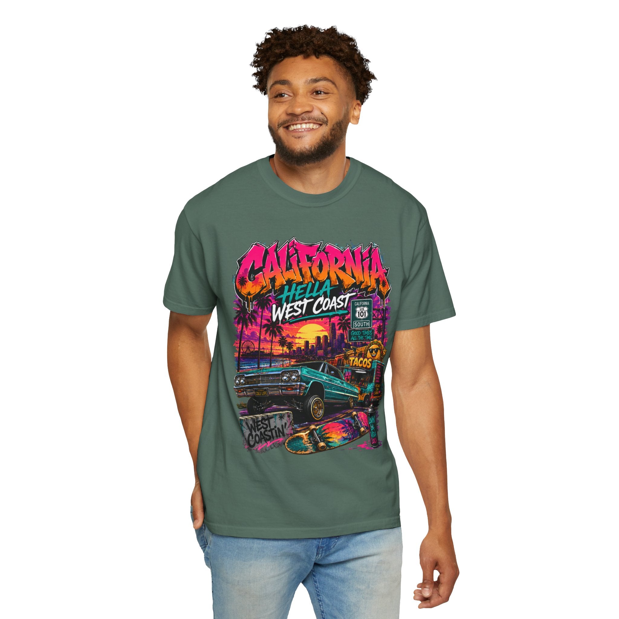 California West Coast Graphic T-Shirt — "California Hella" Vintage Sunset Car Design