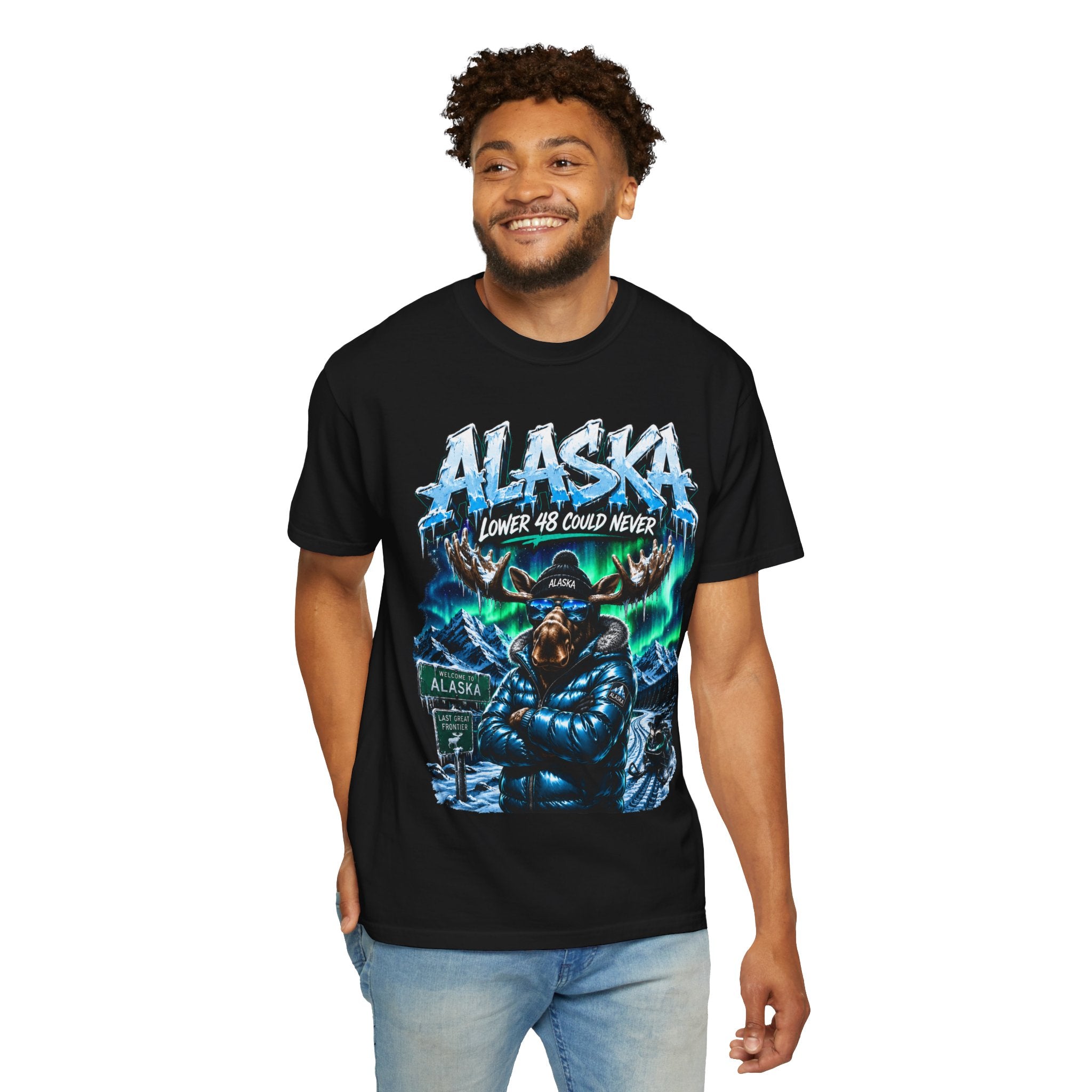 Alaska Moose Aurora Graphic T-Shirt — "Lower 48 Could Never"