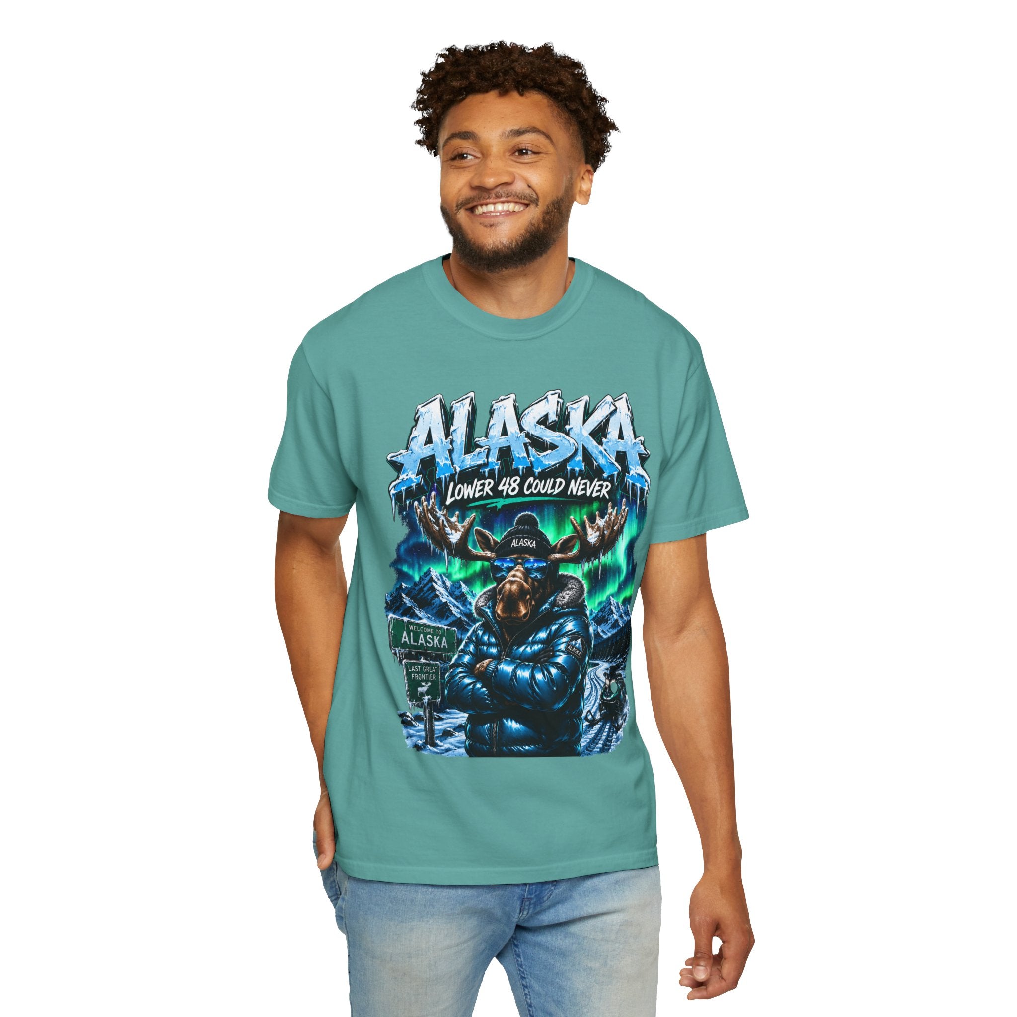 Alaska Moose Aurora Graphic T-Shirt — "Lower 48 Could Never"