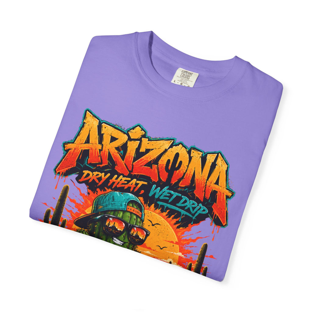 Arizona Desert Graphic T-Shirt — 'Arizona Dry Heat Wet Drop' Retro Cactus Sunset Tee