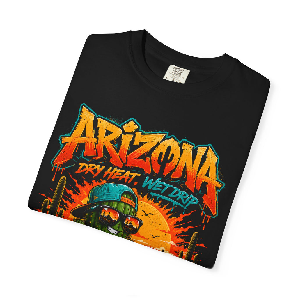 Arizona Desert Graphic T-Shirt — 'Arizona Dry Heat Wet Drop' Retro Cactus Sunset Tee