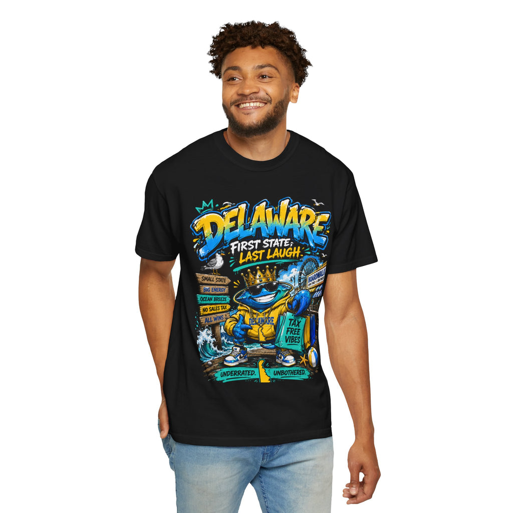 Delaware Frog Graphic T-Shirt — 'First State, Last Laugh' Coastal Souvenir Tee