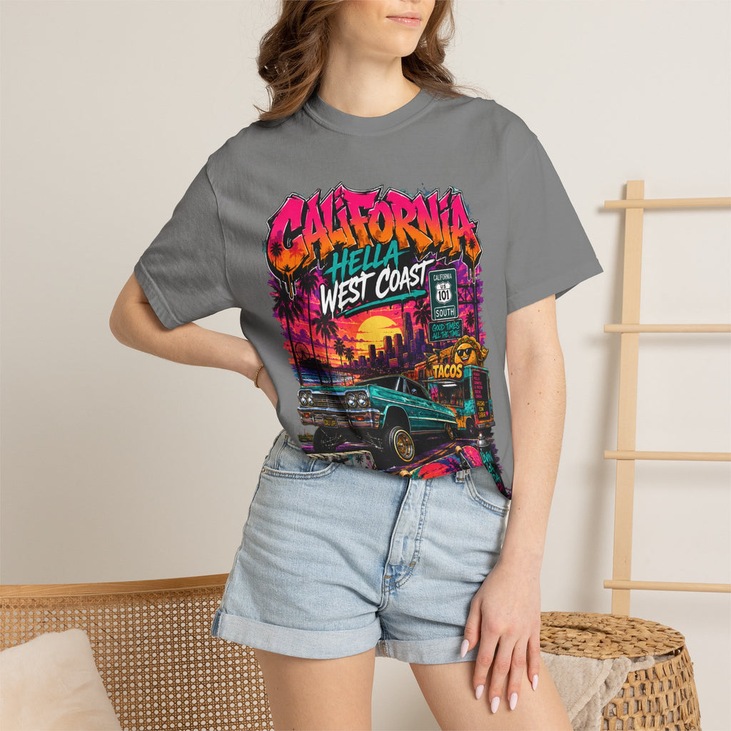 California West Coast Graphic T-Shirt — "California Hella" Vintage Sunset Car Design