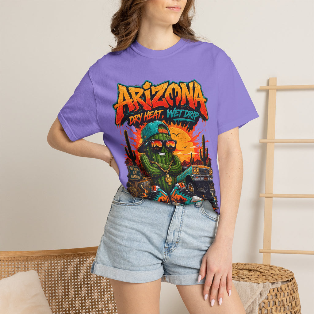 Arizona Desert Graphic T-Shirt — 'Arizona Dry Heat Wet Drop' Retro Cactus Sunset Tee