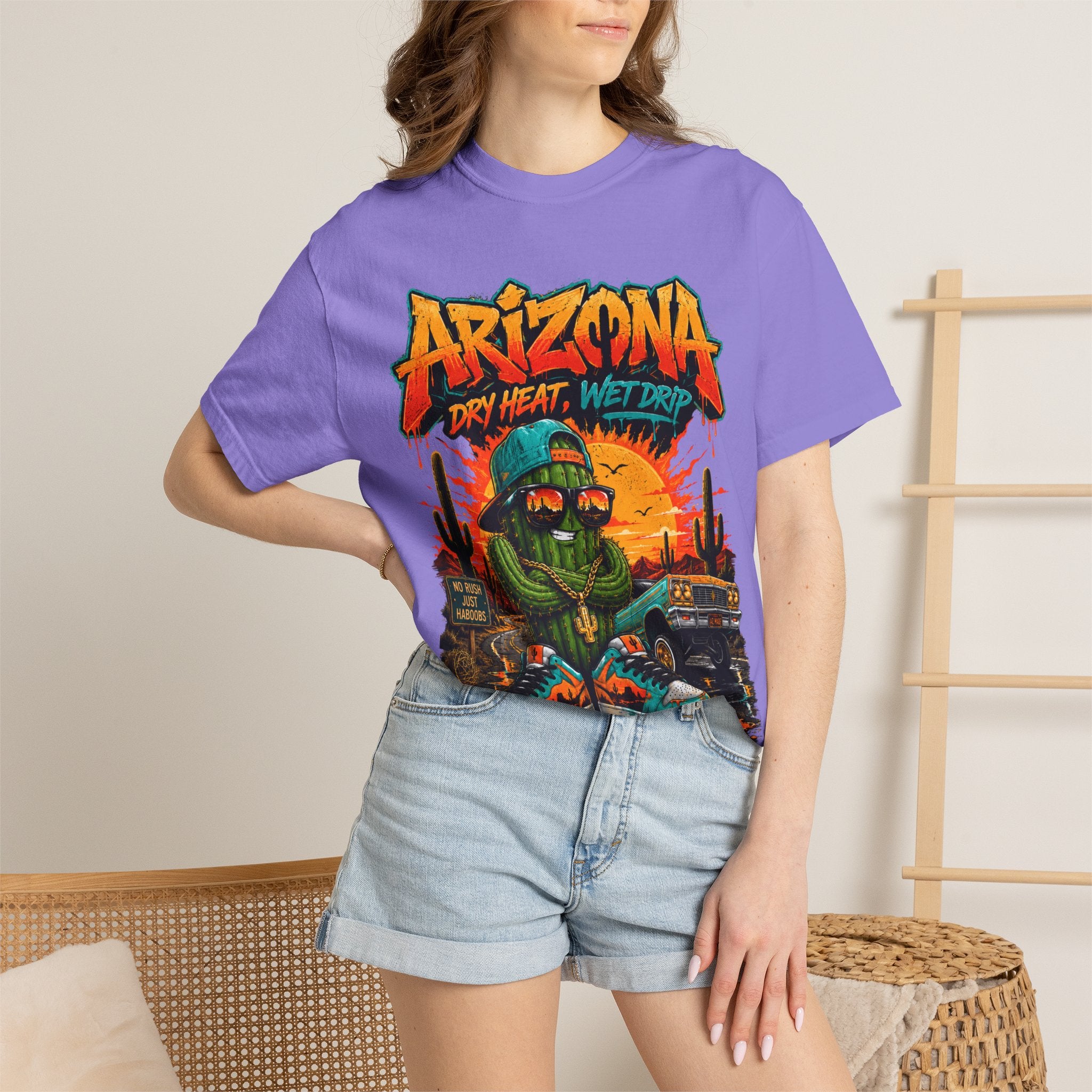Arizona Desert Graphic T-Shirt — 'Arizona Dry Heat Wet Drop' Retro Cactus Sunset Tee